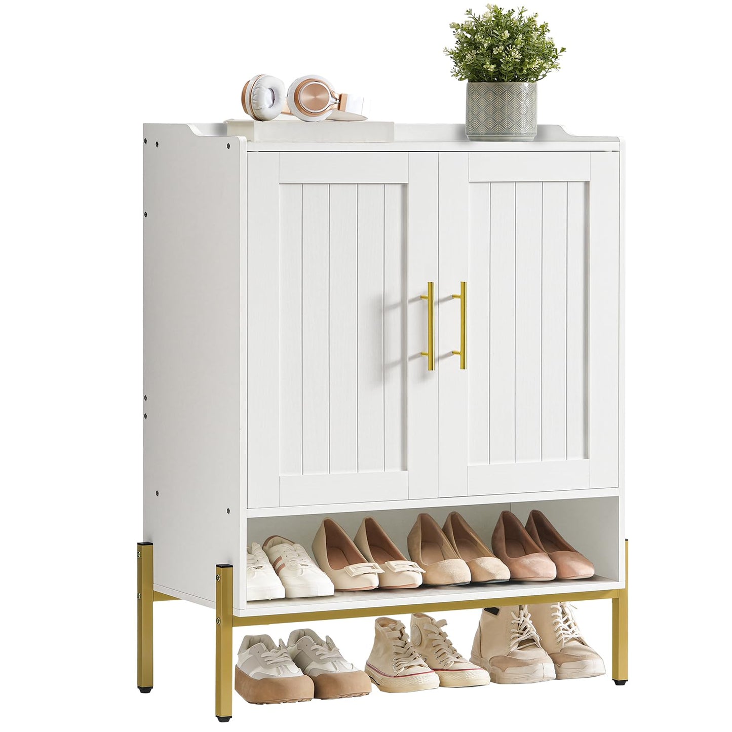 HOOBRO Shoe Cabinet, 5-Tier Shoe Storage Organizer with Doors, Wooden Shoe Cabinet Storage for Entryway, Freestanding Shoe Rack Cabinet with 3 Adjustable Shelves for Hallway, Gold and White DW41SC01