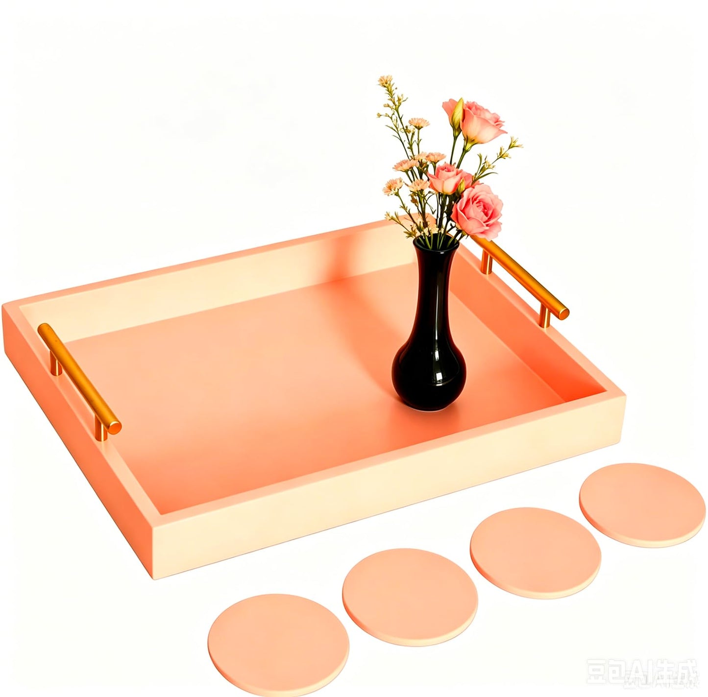 Juleduo Serving Tray 16.5“X 13“ Deluxe Wooden Ottoman Tray, Food Tray for Eating, Dinner Trays for Eating on Couch Coffee Table with Polished Gold Metal Handles-4 Round Coasters Included(Pink)