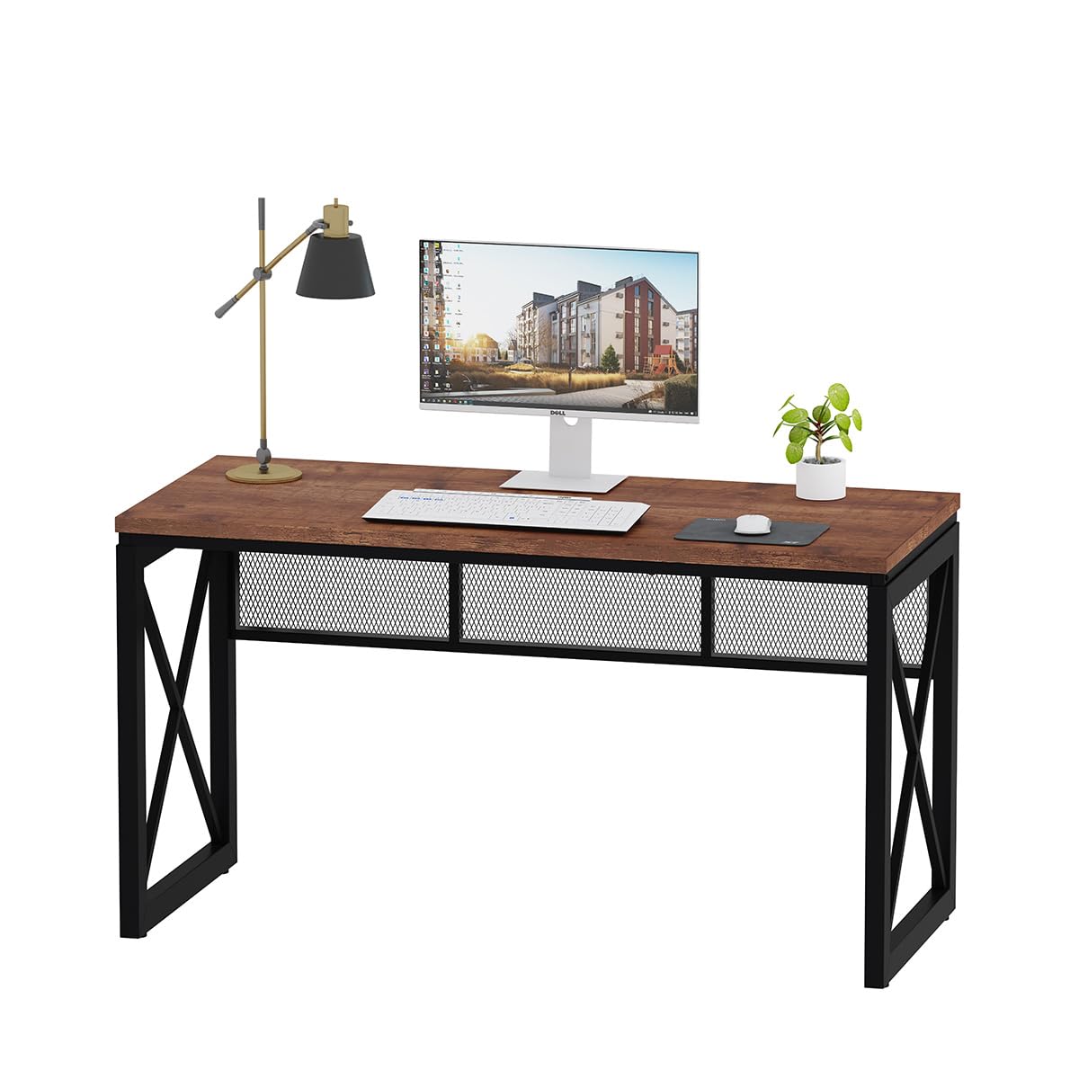 BON AUGURE 60 Inch Computer Desk for Home Office, Industrial Metal Wood Desks, Farmhouse Large Writing Table, Modern Sturdy Gaming Desk (Rustic Oak)