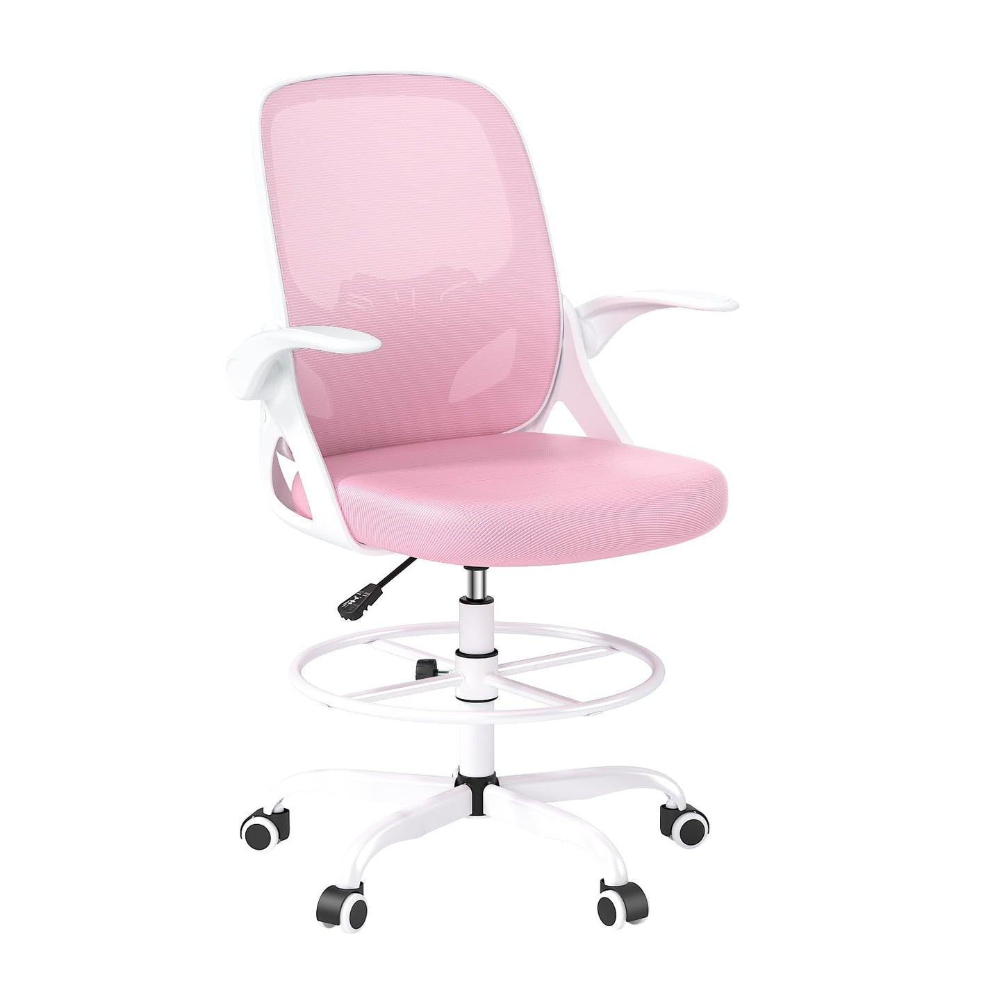 Kensaker Drafting Chair Tall Office Chair, Ergonomic Standing Desk Chair with Adjustable Foot Ring and Flip-up Armrests, Mesh Computer Chair for Art Studio, 300 LBS, Pink