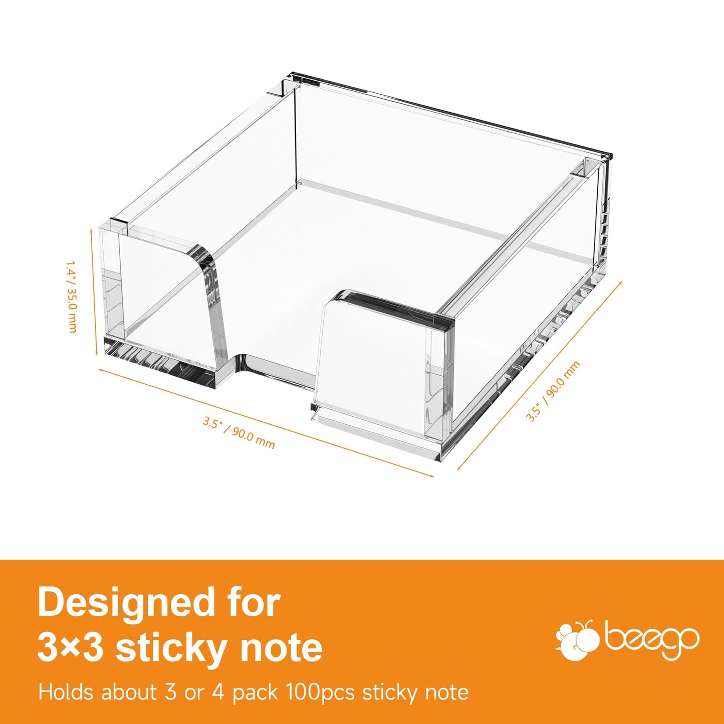 Beego Modern Elegant Crystal Clear Acrylic Sticky Note Holder Organizer - 3x3 in Square Notepad Holder - 3 Count - No Pads - Office Desk Organization