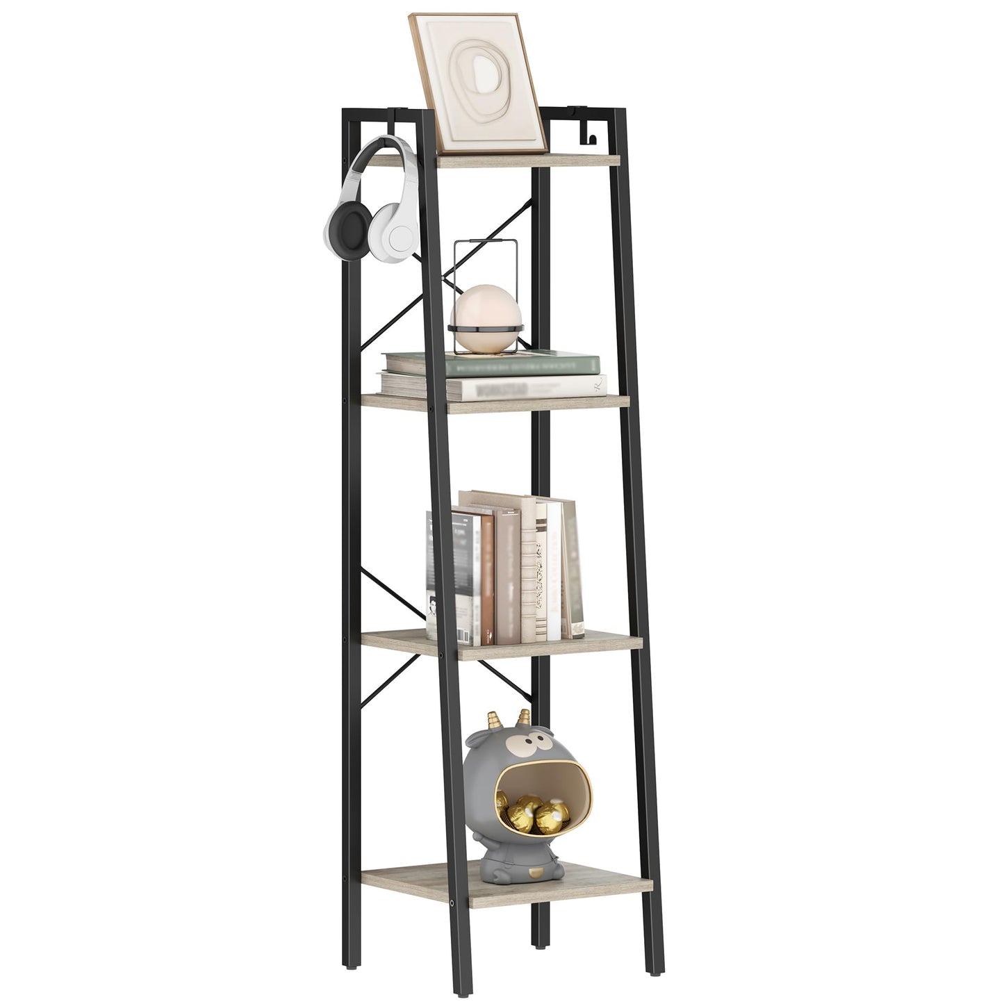 Hzuaneri Ladder Shelf, Bookshelf Bookcase, Freestanding Corner Storage Shelve with 2 Hooks for Home Office, Living Room, Kitchen, Bedroom, Industrial, 11.8" D x 13.4" W x 47.2" H, Greige BC13205B