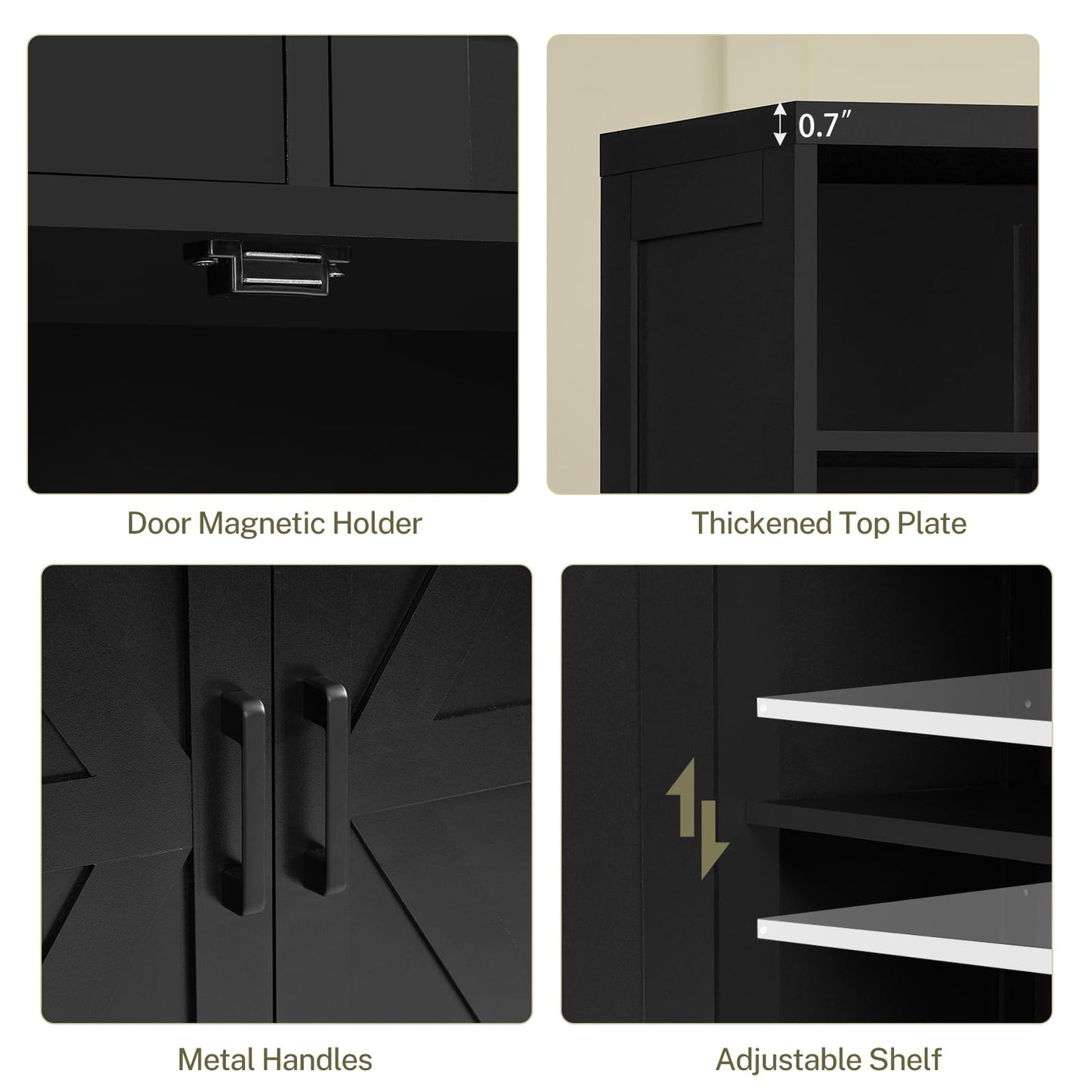 TEENFON Storage Cabinet with Doors & 2 Drawers, Kitchen Cabinet with Adjustable Shelf, Pantry Cabinets, Bathroom Cabinets, for Living Room, Entryway, Home Office, Black