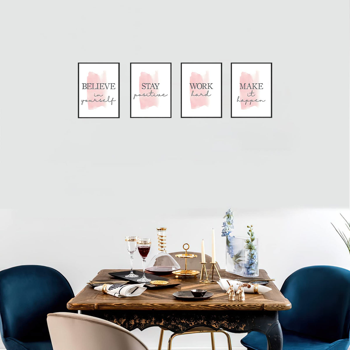 4 pcs Frame Wall Art Stay Positive Make It Happen Motivational Inspirational Quote Pink Canvas Painting Poster Pictures for Teenage Girl Bedroom Decor Office