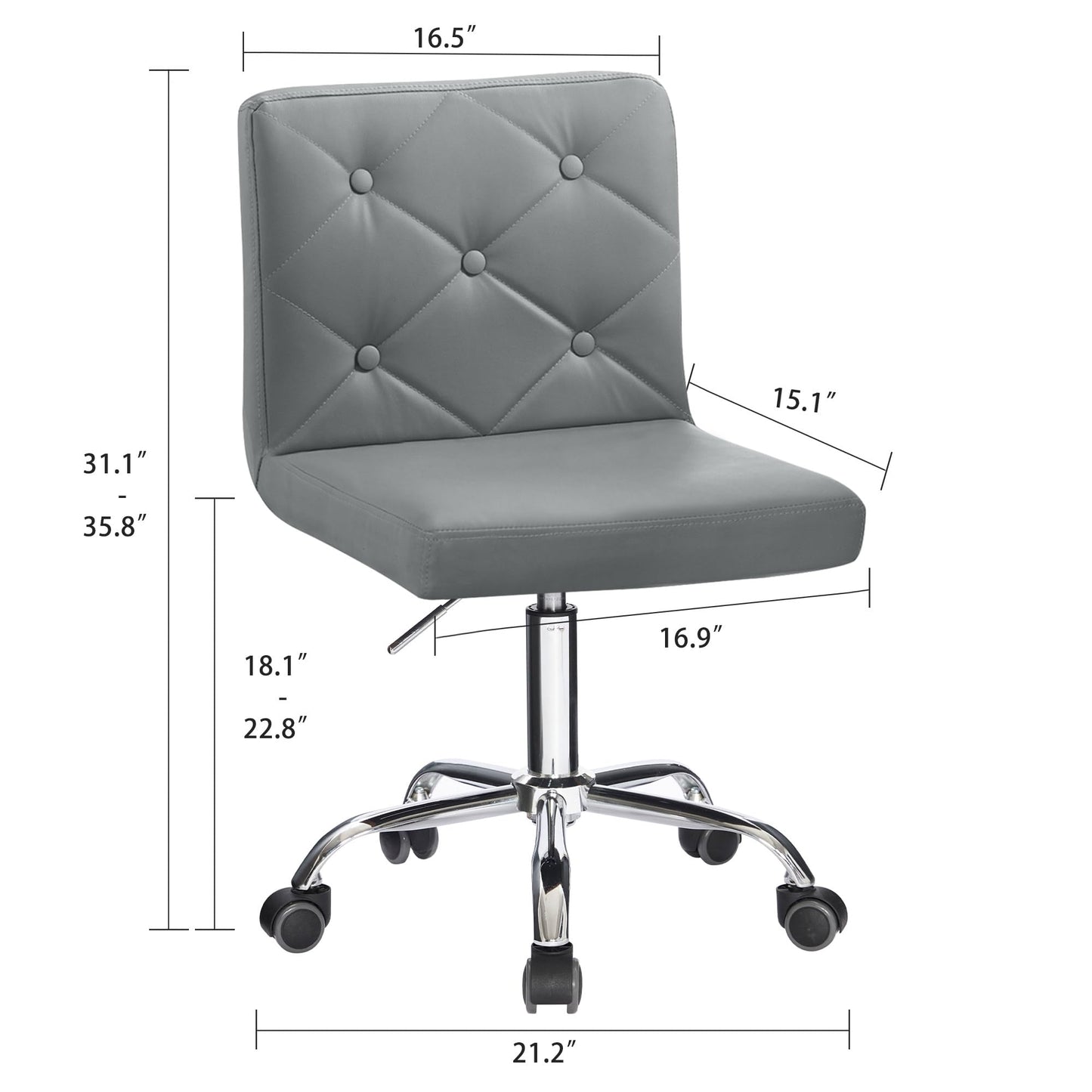 VECELO PU Leather Mid-Back Armless Desk Chair Adjustable Height 360° Rolling Swivel for Home Office Work, Grey