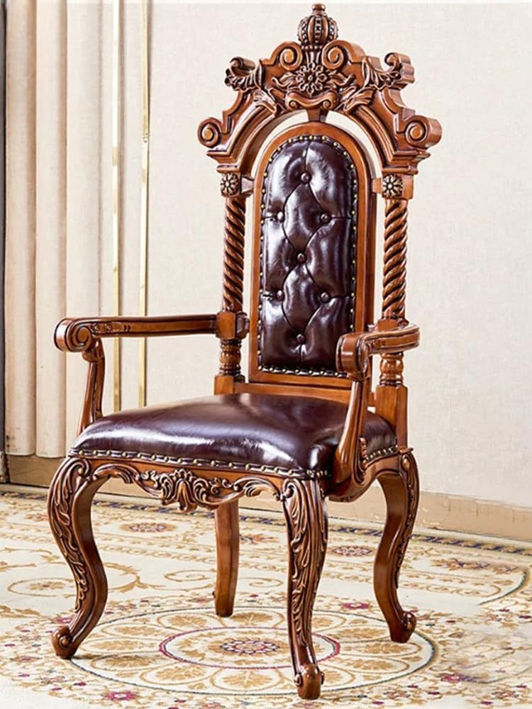 EDLME Luxury High Back Executive Chair Solid Wood Leather Office Chair Vintage Carved Throne Chair Traditional Boss Chair for Home Office Library Study