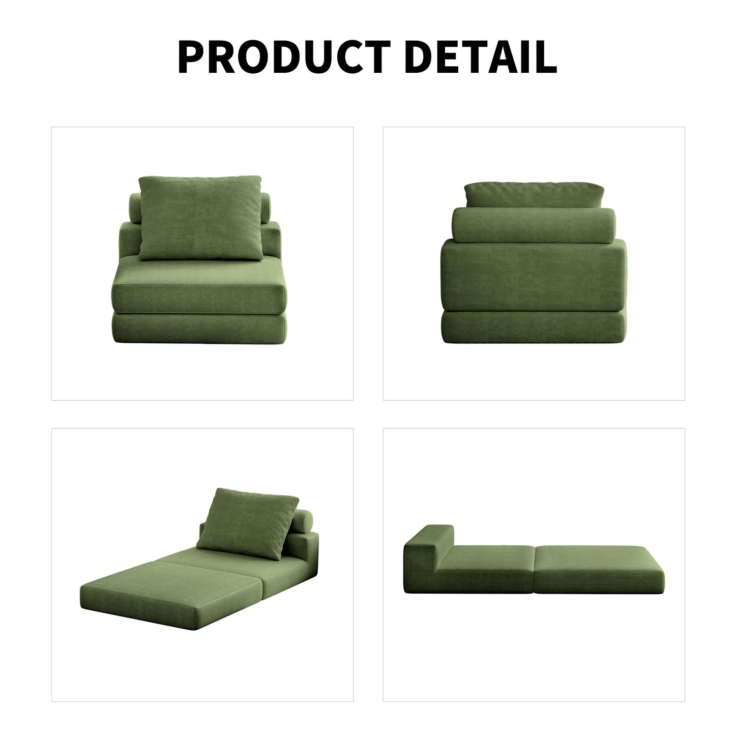 Lumbershed Folding Sofa Bed, 3-in-1 Convertible Sleeper Chair Bed with Pillows, Foldable Floor Couch with High-Density Foam, Futon Small Boneless Couch for Living Room Bedroom Lounge, Single, Green