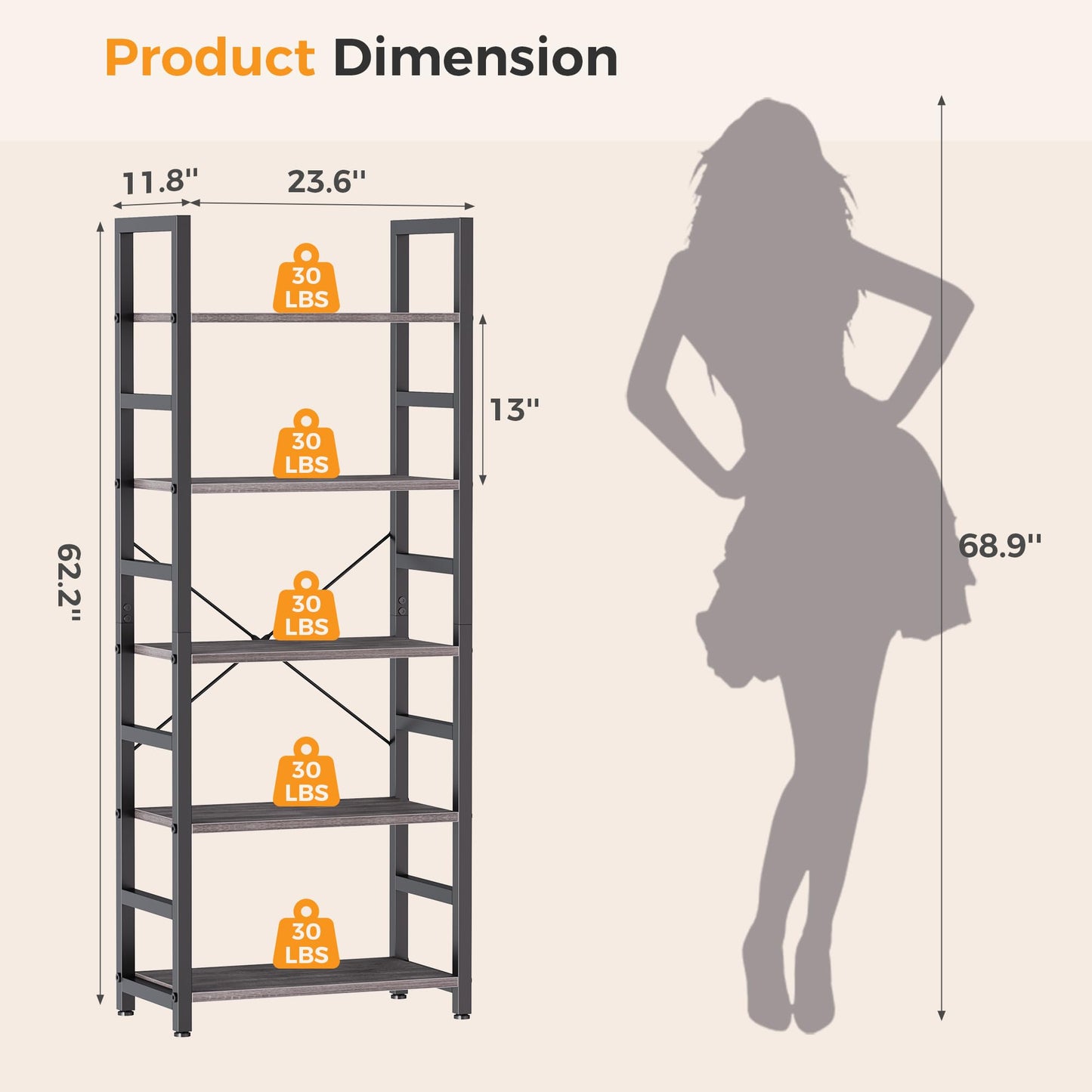 DUMOS 5-Tier Bookshelf, Modern Tall Bookcase, Open Storage Display Shelf for Living Room, Bedroom, Home Office, Narrow Standing Shelving Unit for Books, CDs, Décor,Wood Grey