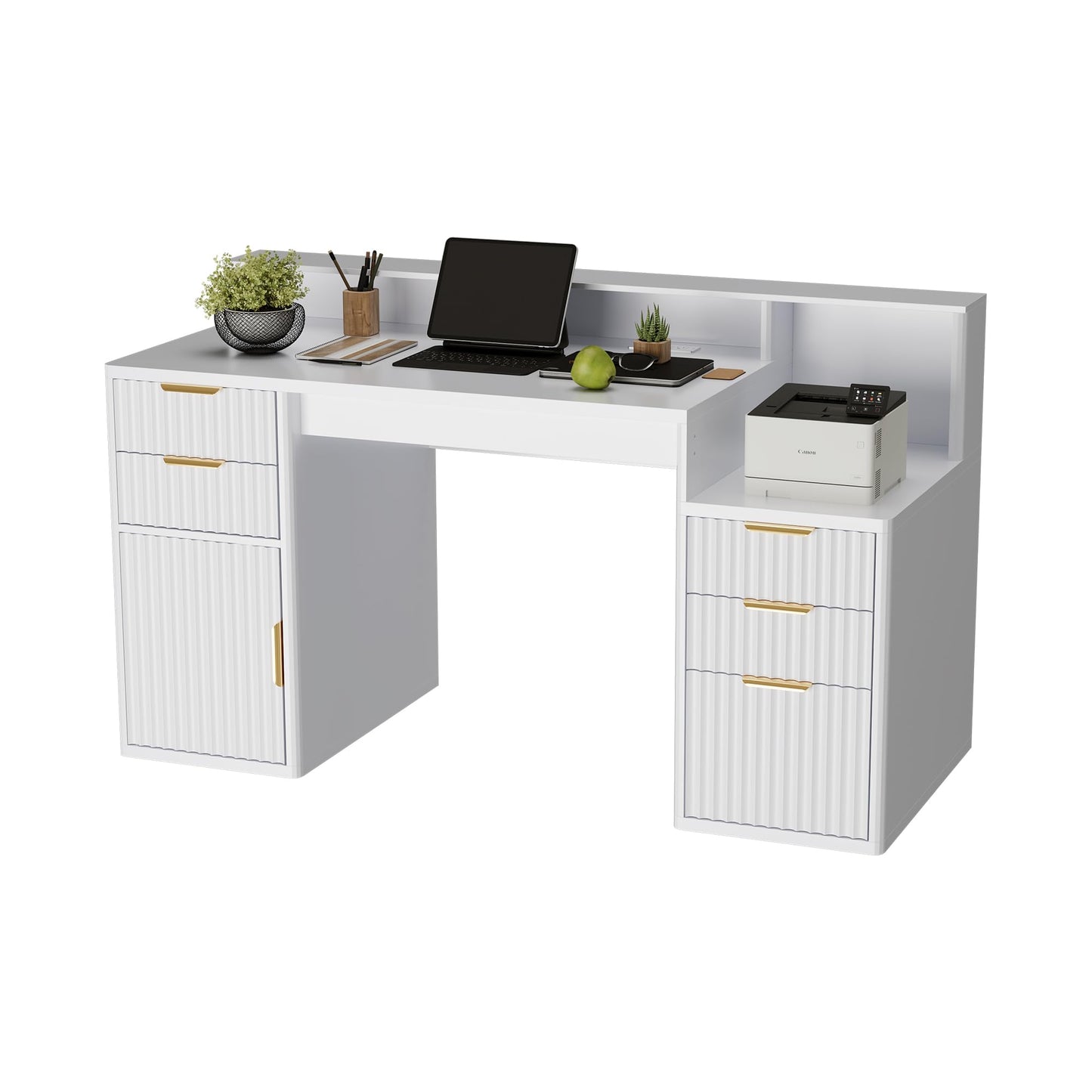 IDEALHOUSE Rectangular Computer Desk with Hutch & Printer Stand, Ripple Door Storage Home Office Desk, Space-Saving Study Writing Desk for Bedroom, Sturdy Board Student Desk with Easy Assembly