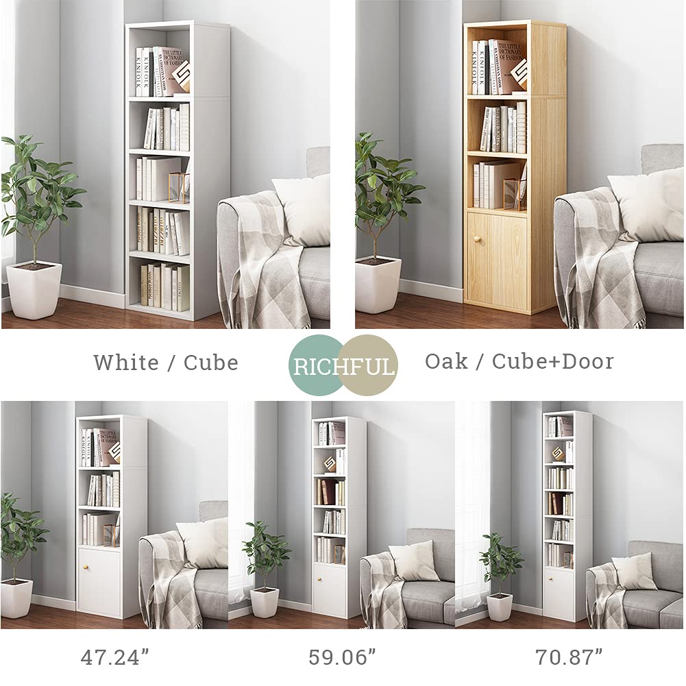 IOTXY Small Narrow Corner Bookcase - 47 Inches Tall Gap Freestanding Storage Cabinet, 4 Lattices Open Shelves Tower Rack with Door, Cubes Bookshelf in White