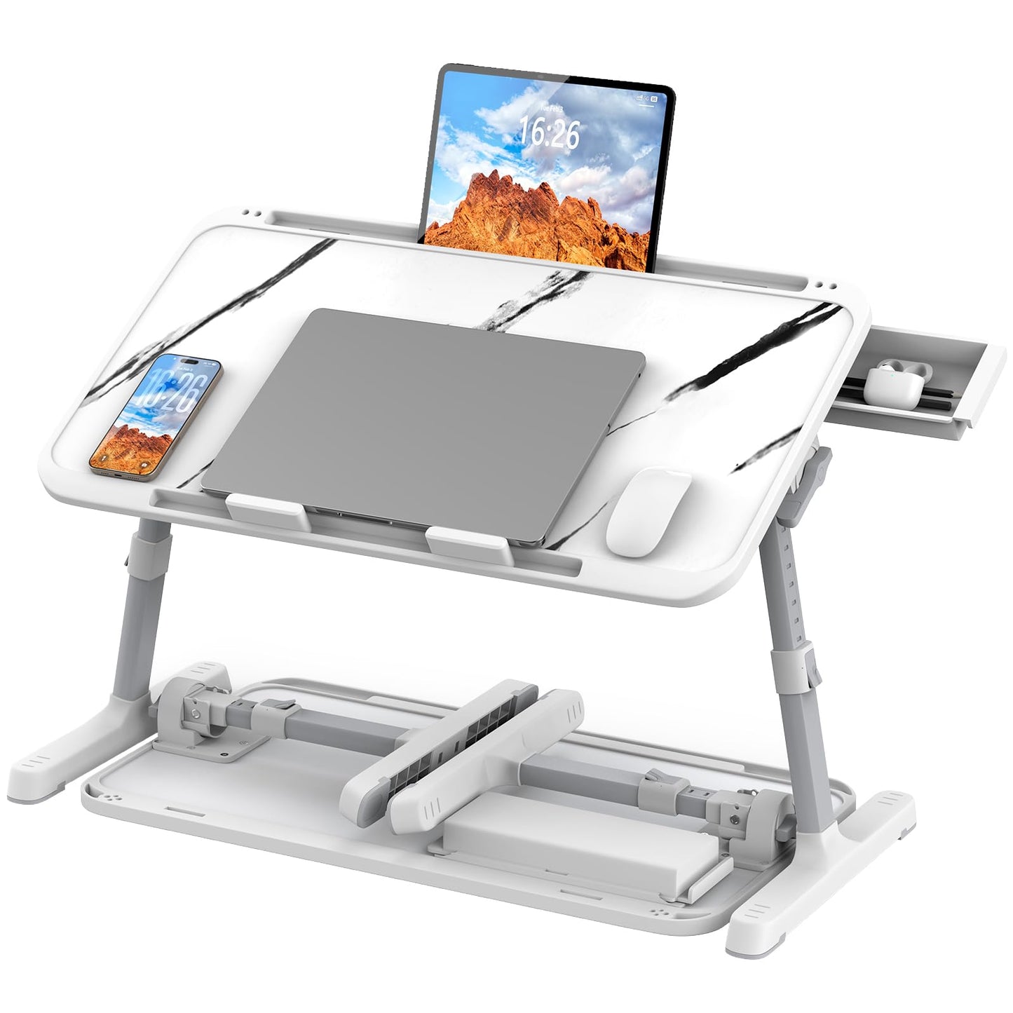HETTHI Laptop Bed Tray Table, Adjustable Sturdy Laptop Stand for Bed with Premium Materials, Folding Portable Lap Desk with Drawer for Writing Working Reading Eating Couch Floor (Marble, 22.04"×12.2")