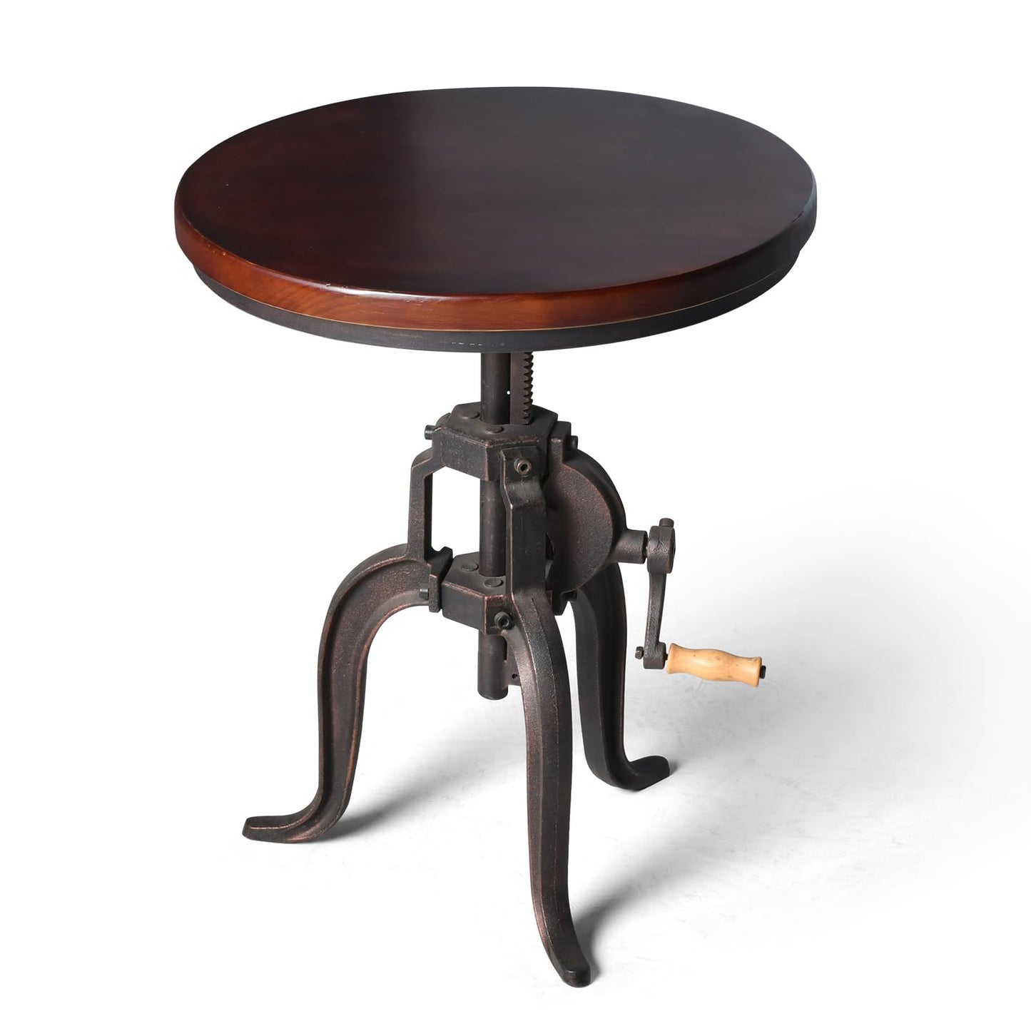 Topower Industrial Retro Side Table Antique Mechanic Crank Height Ajustable Black Walnut Wood Top Three-Legged Farmhouse Accent End Table Copper