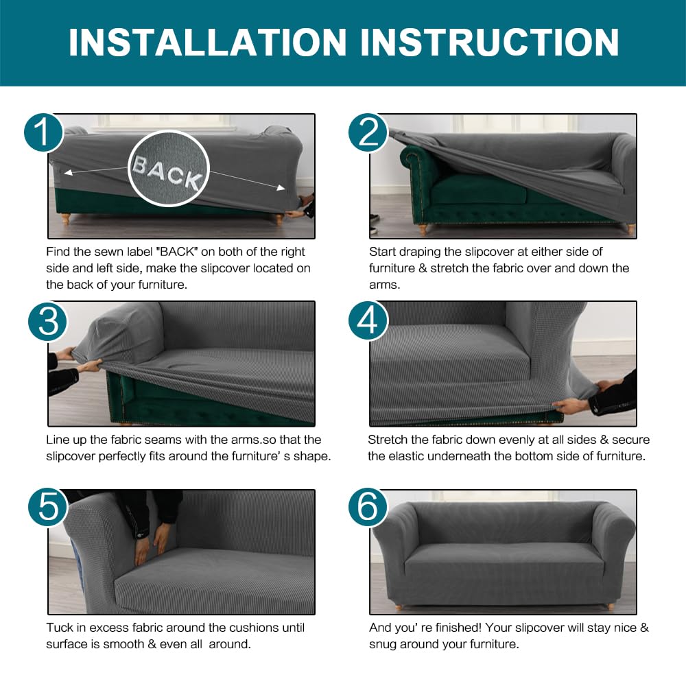 Turquoize Stretch Chesterfield Sofa Covers for Living Room Soft Sofa Couch Covers for 3 Cushion Couch Non-Slip Sofa Slipcover for Dogs Pet Furniture Protector Feature Jacquard Fabric (Sofa, Grey)
