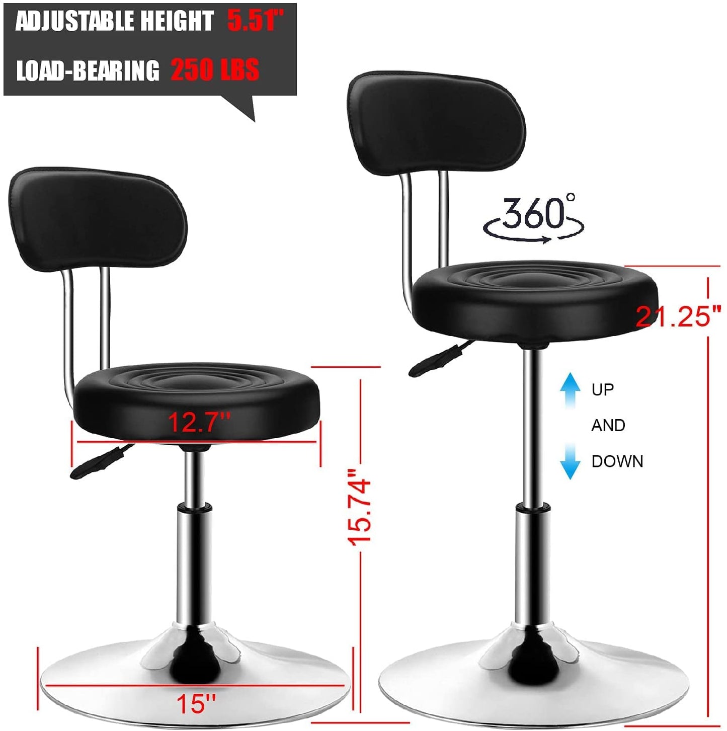 QiCheng&LYS Round Office Stool - Adjustable Height Sit Stand Stool, 360 Swivel, for Office, Home, Kitchen - Black with Backrest