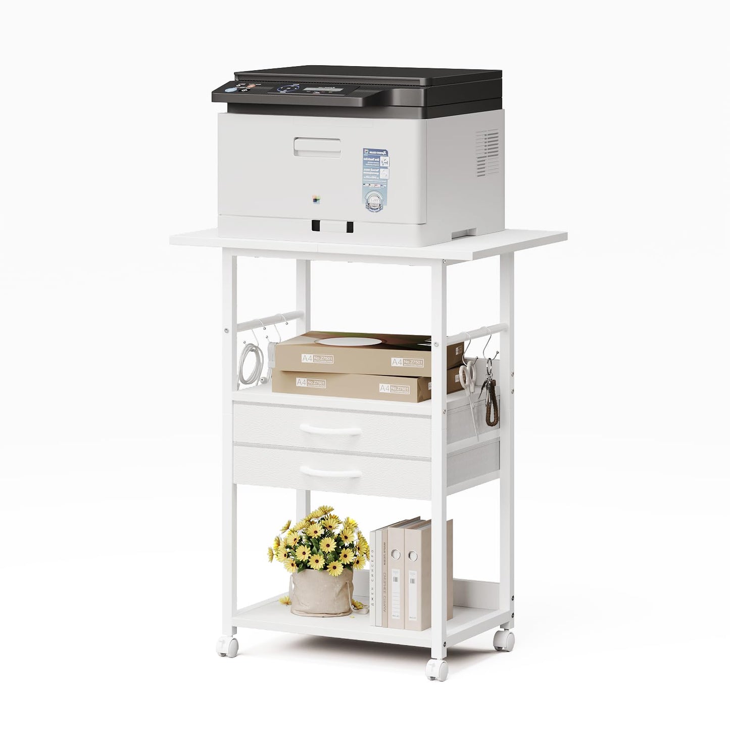 VENNQD Large Printer Stand with Storage Fabric Drawer Under Desk Printer Table with Wheels for Home Office, Printer Cart fit Fax Machine Scanner (White, 3 Tiers)