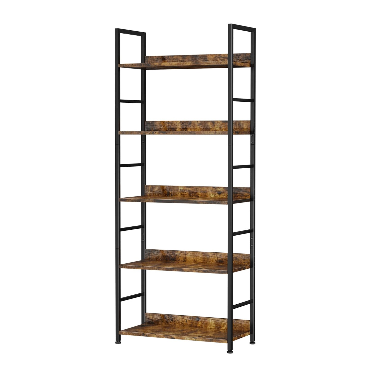 Ekisemio Bookshelf, 5 Tier Industrial Bookcase, Vertical Tall Bookshelf, Wood and Black Metal Open Shelves, Farmhouse Storage Rack for Living Room, Home Office, Bedroom, Rustic Brown