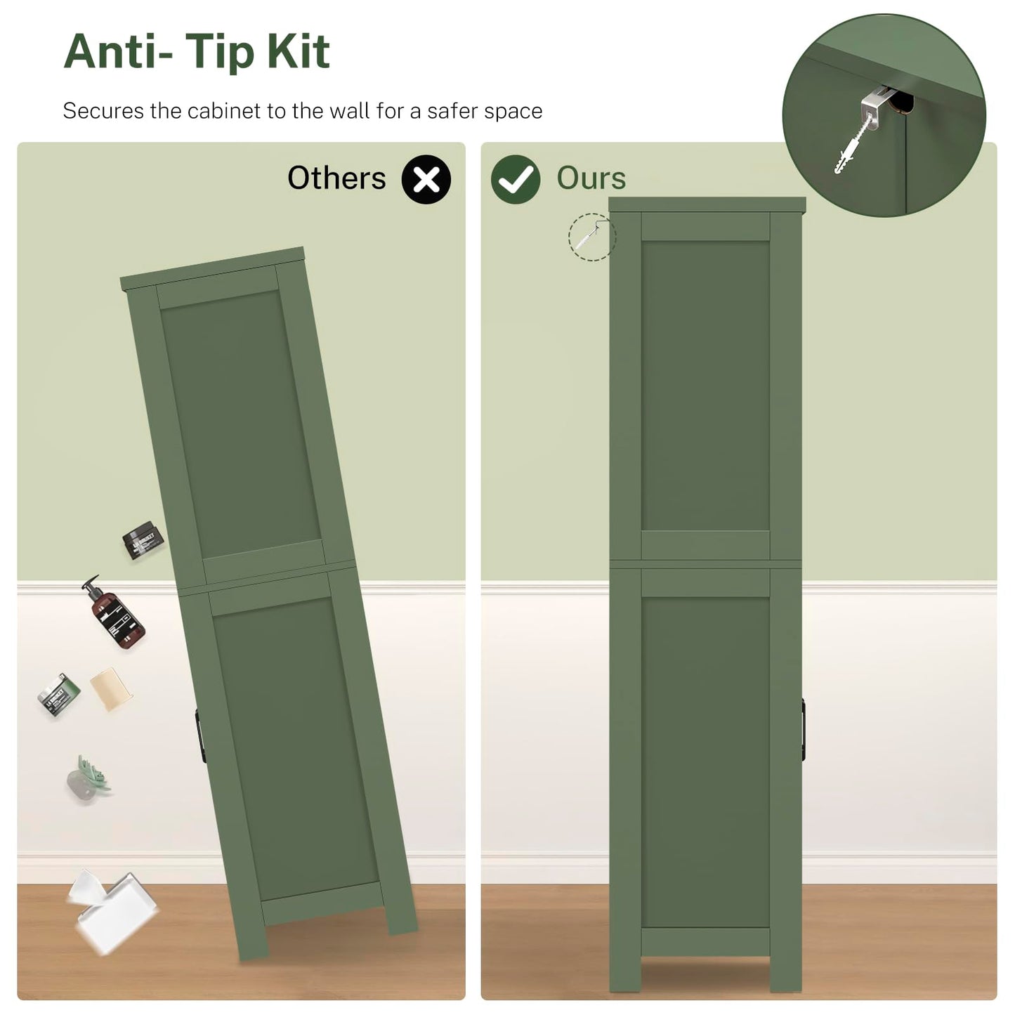 TEENFON Bathroom Cabinet with Adjustable Shelf & 2 Drawers, Farmhouse Storage Cabinet with 2 Doors, Kitchen Storage Cabinets for Living Room, Entryway, Home Office, Forest Green