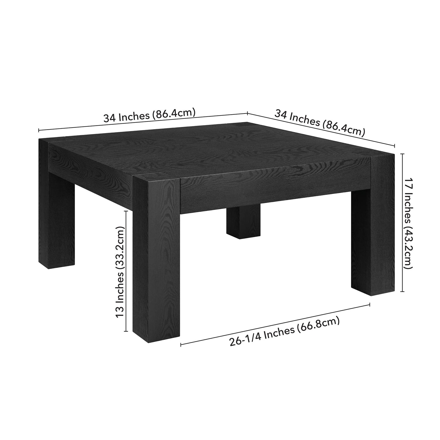 Henn&Hart 34" Square Coffee Table with Wood Top for Living Room, Family Room, Office, or Apartment, Natural Black