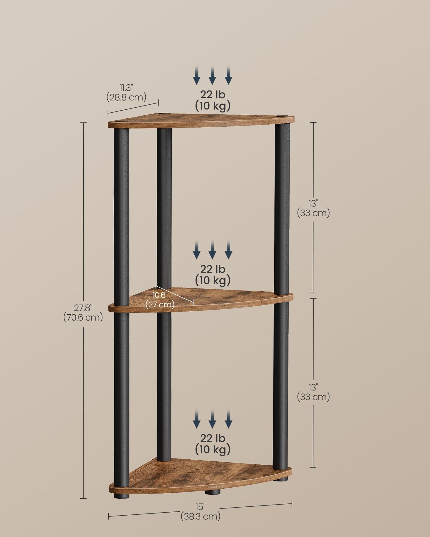 SONGMICS HOME Superfast Toolless Assembly, Corner Shelf Stand, 3-Tier Corner Standing Shelf, Living Room, Bedroom, Kitchen, 15 x 10.6 x 27.8 Inches, Rustic Brown ULBC620K01
