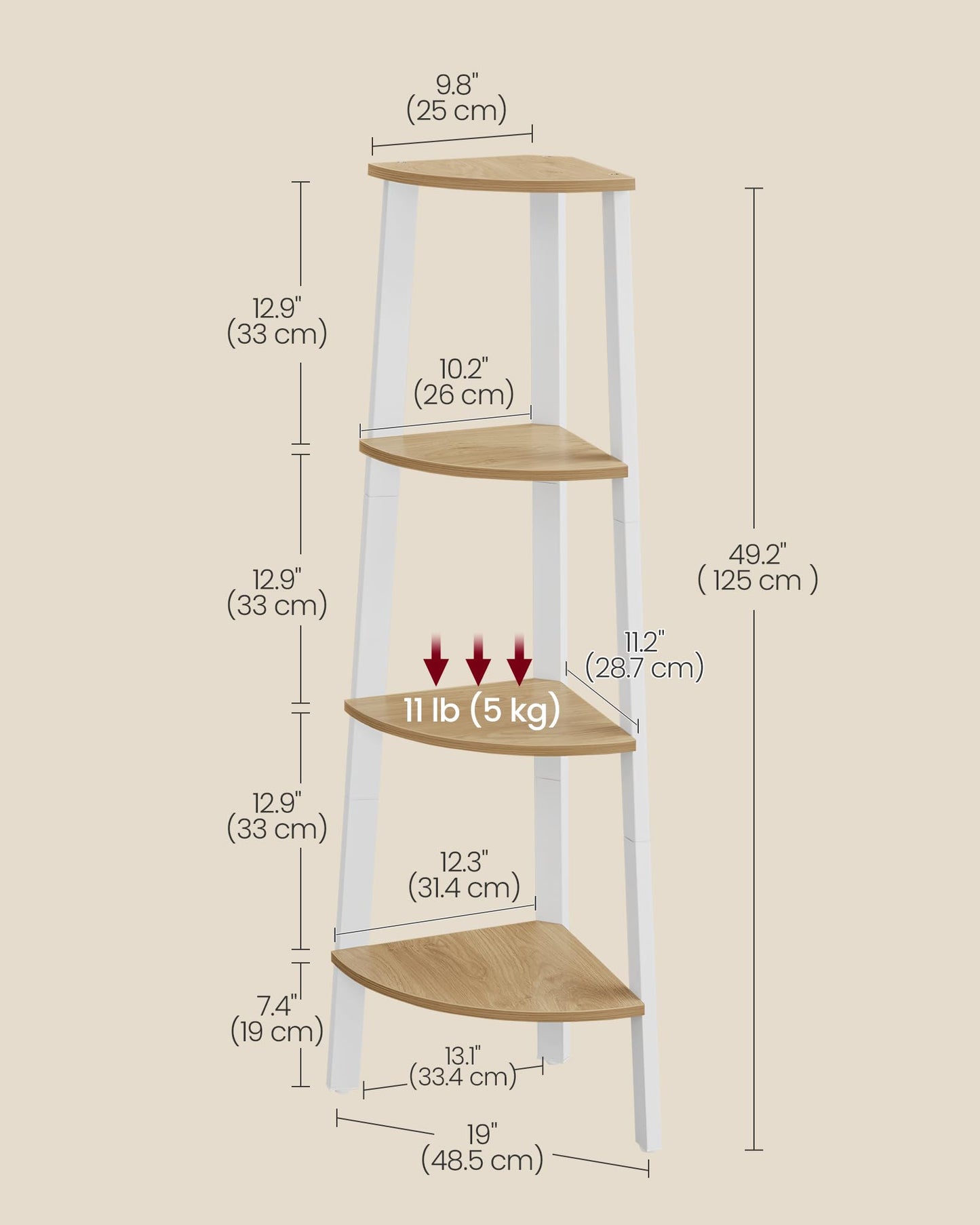 VASAGLE Corner Shelf Stand, 4-Tier Corner Bookshelf, Industrial Ladder Shelf, Plant Stand for Living Room, Office, Kitchen, Natural Oak and Matte White ULLS034Y70