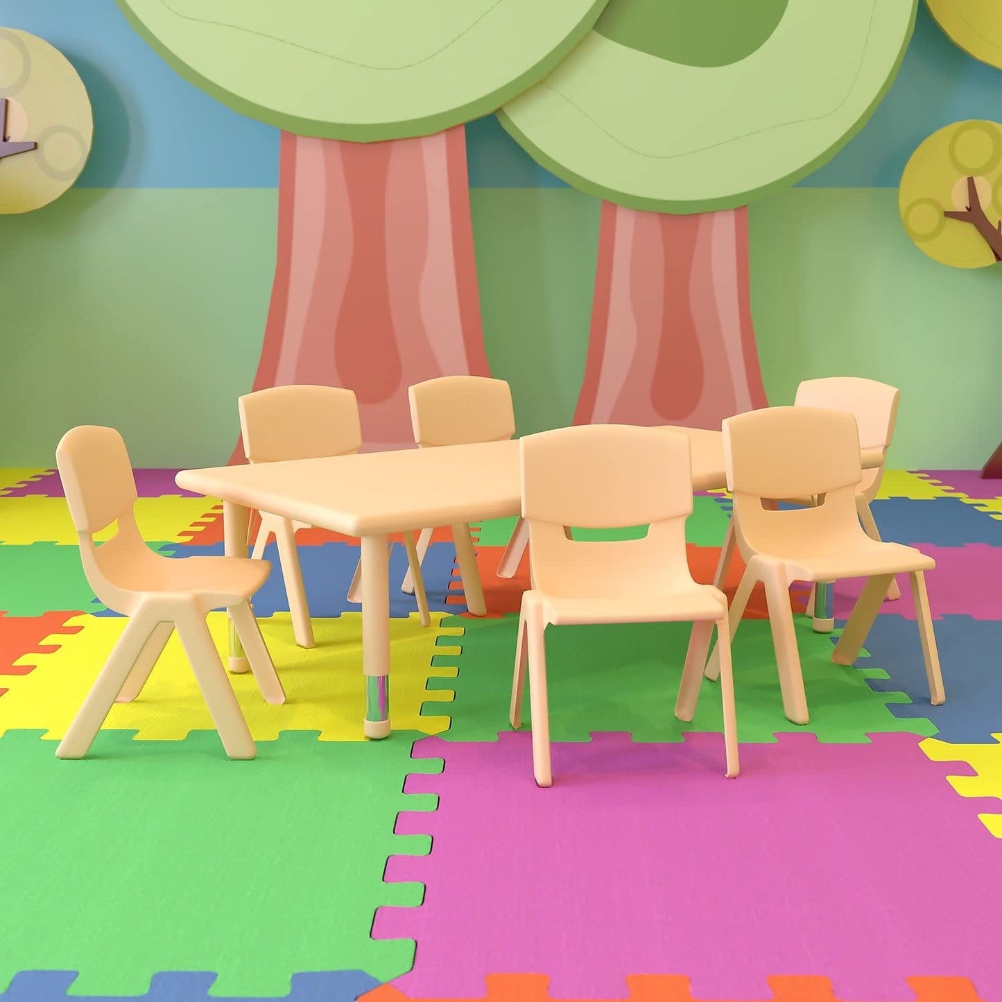 Flash Furniture Adjustable Classroom Activity Table with 6 Stackable Chairs, Rectangular Plastic Activity Table for Kids, 24" W x 48" L, Natural