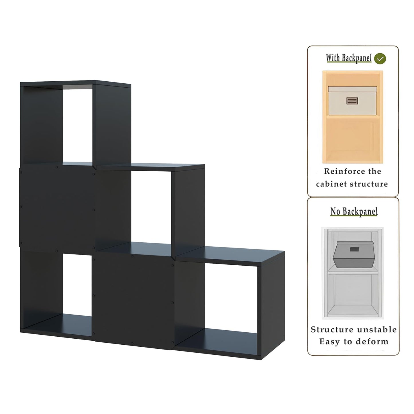 OSCHF Ladder Cube Storage Bookcase - Wooden L-Shaped 3-Tier Corner Shelf, Reversible 6-Cube Organizer for Home & Office, Black