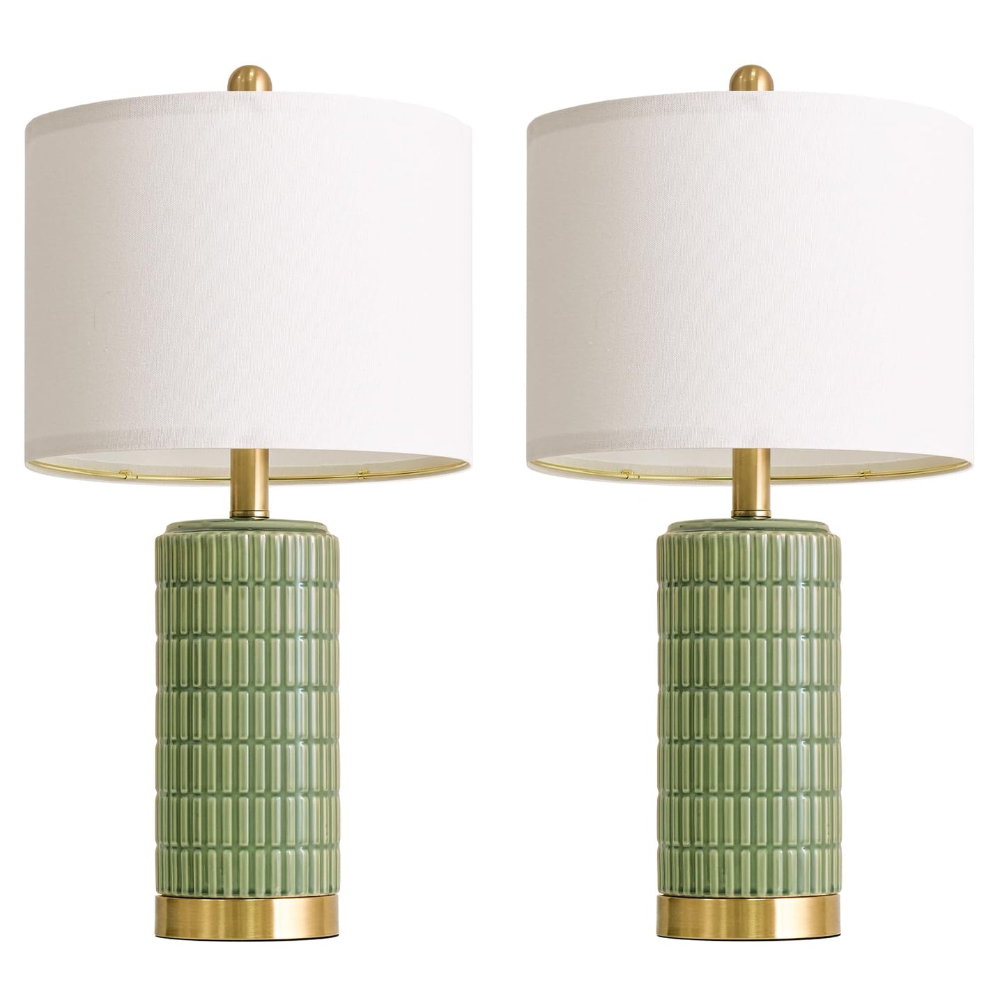 PoKat Bedside Table Lamps Set of 2 for Living Room with 2 USB Ports, 21.5'' Small Modern Nightstand Lamps for Bedroom, Ceramic Side Table Lamps with Gold Base for Office Entryway Decor Gift (Green)