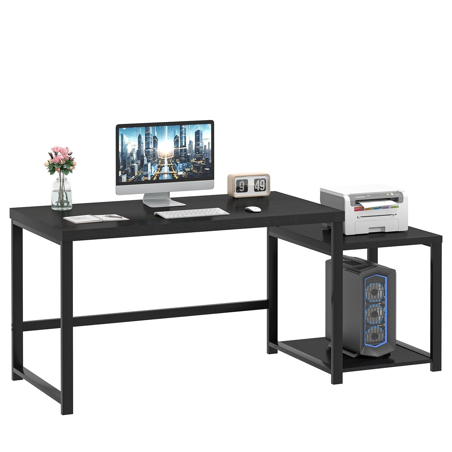 FOLUBAN Large Home Office Desk, Black Computer Desk with Storage Shelves, Modern Wood Writing Study Gaming Table for Bedroom Living Room, 63 Inch