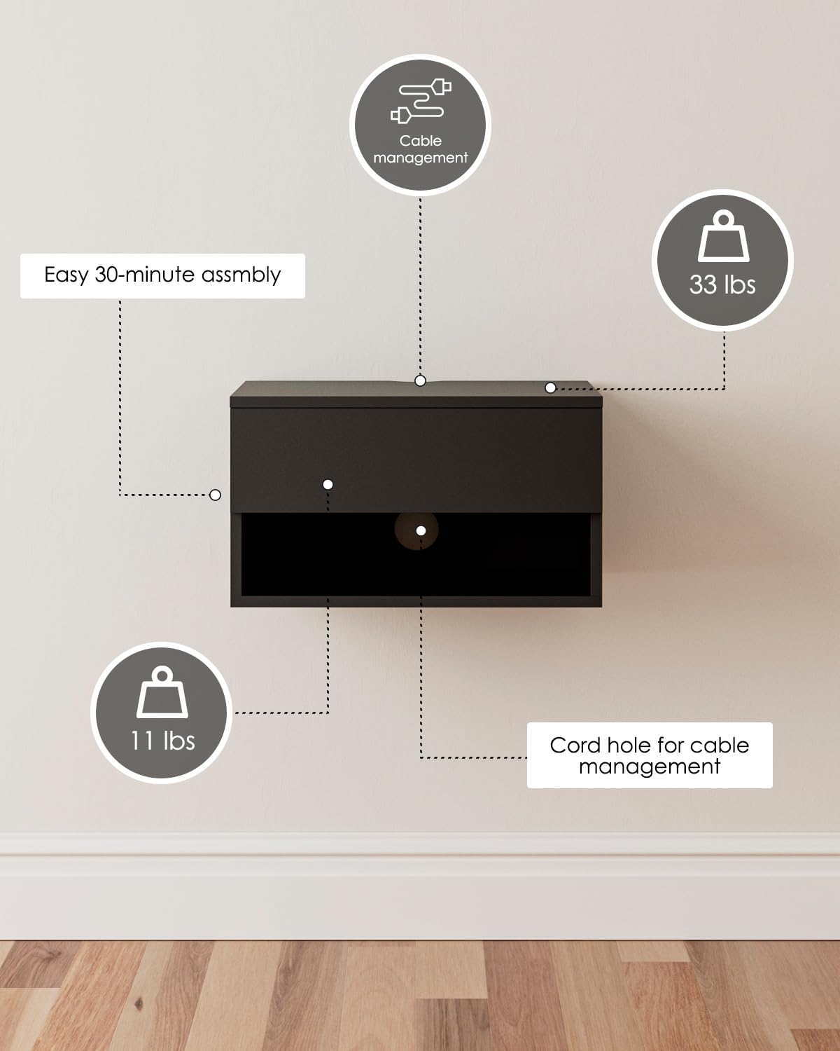 Floating Nightstand, Small Modern Floating Nightstand with Drawer, Floating Shelves for Bedroom, Bathroom (Black)