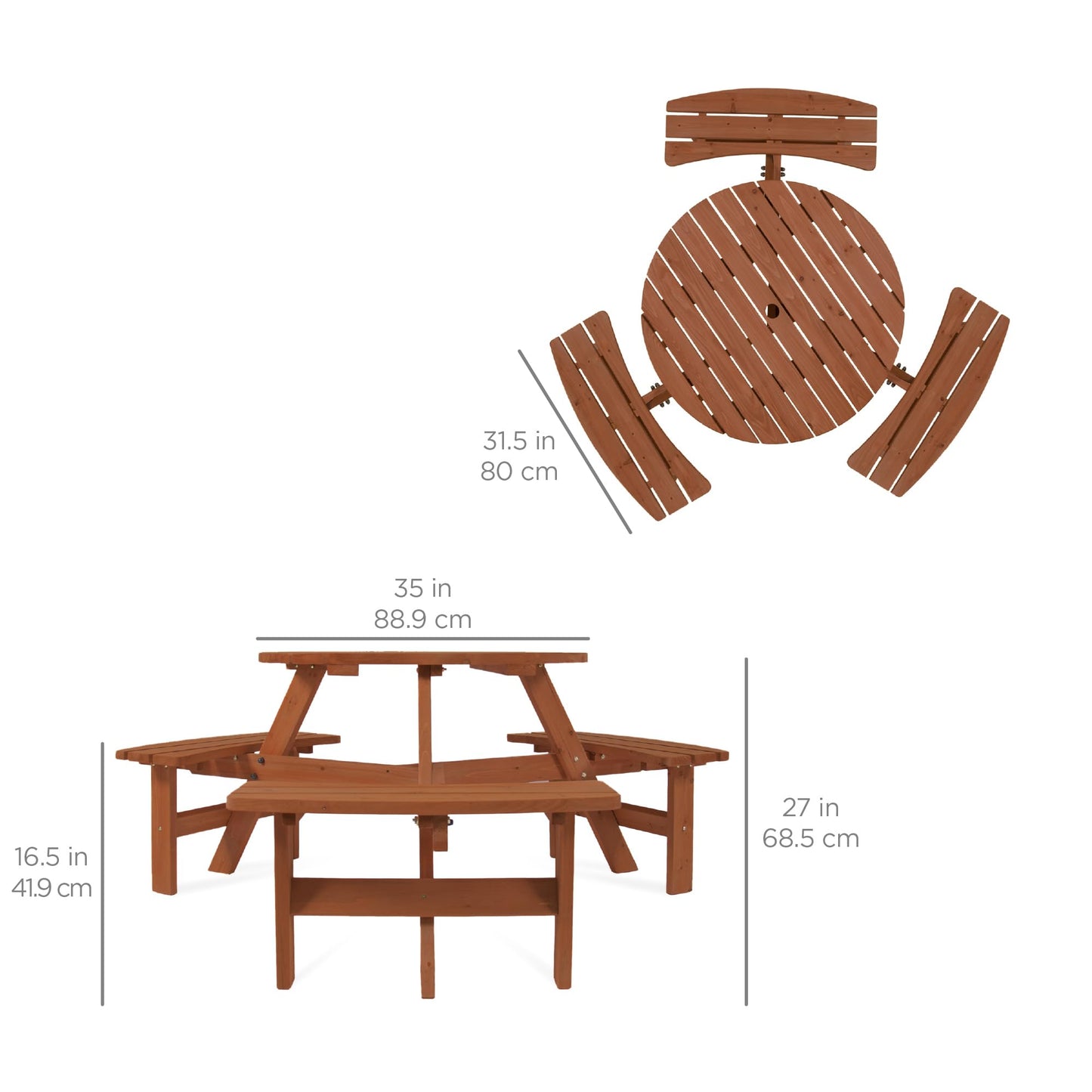 Best Choice Products 6-Person Circular Outdoor Wooden Picnic Table for Patio, Backyard, Garden, DIY w/ 3 Built-in Benches, 500lb Capacity - Acorn