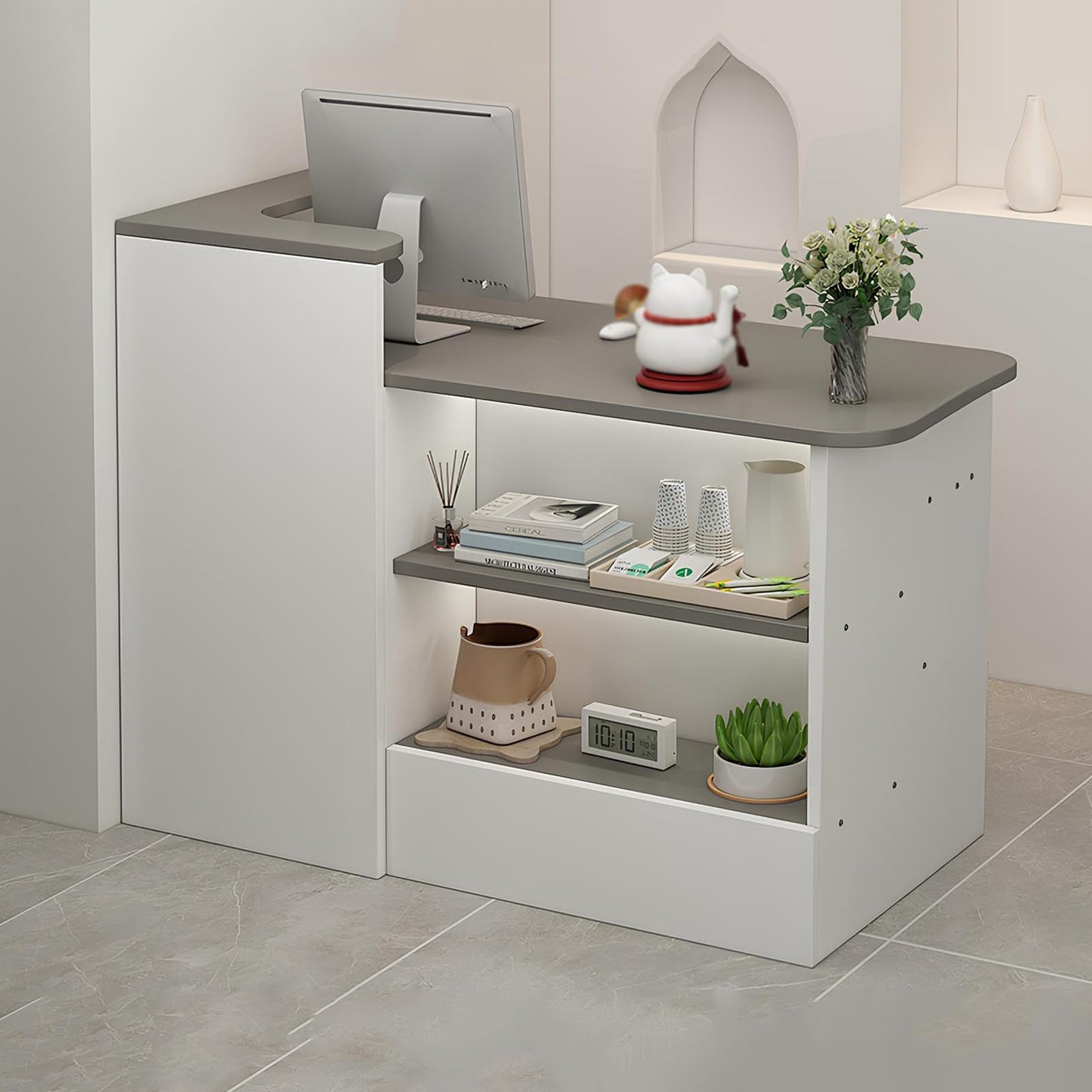 L Shaped Reception Desk, Wooden Front Desk with Open Shelves, Modern Retail Checkout Counter with Drawers, for Office Hotel Store Beauty Salon, 120cm/47.2in, Grey+ri
