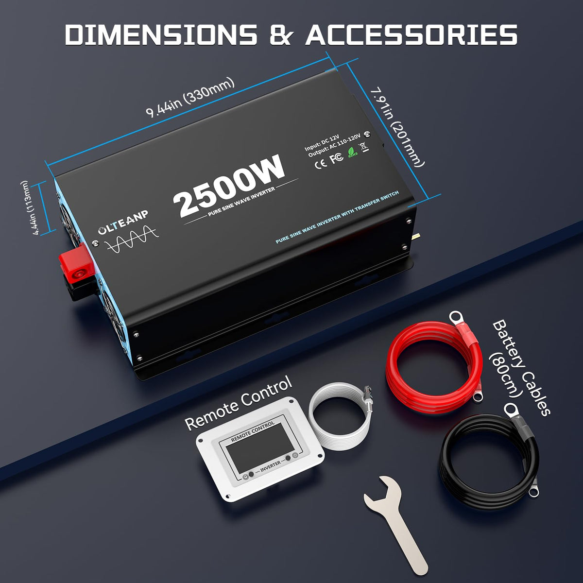 2500W Pure Sine Wave Power Inverter with Transfer Switch, 12V DC to 120V AC Converter, Auto Switch to Shore Power, 5000W Peak, Remote LCD Controller, USB & Type-C for RV, Truck, Off-Grid Use