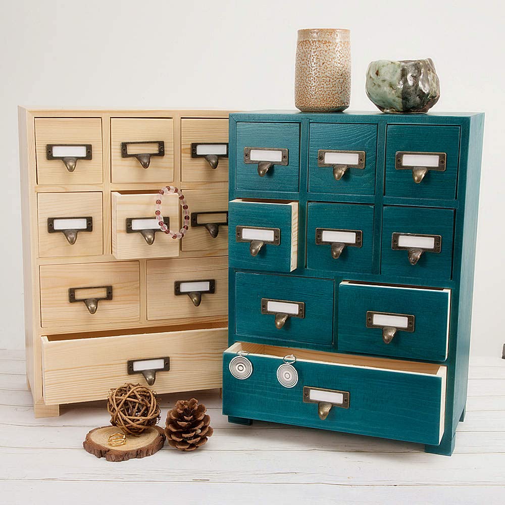 PACKGILO Apothecary Cabinet with 9 Drawers & Labels Rustic Library Card Catalog Cabinet Desktop Wooden Storage Box for Organize Herbal、Tea Bag、Jewelry (Blue)