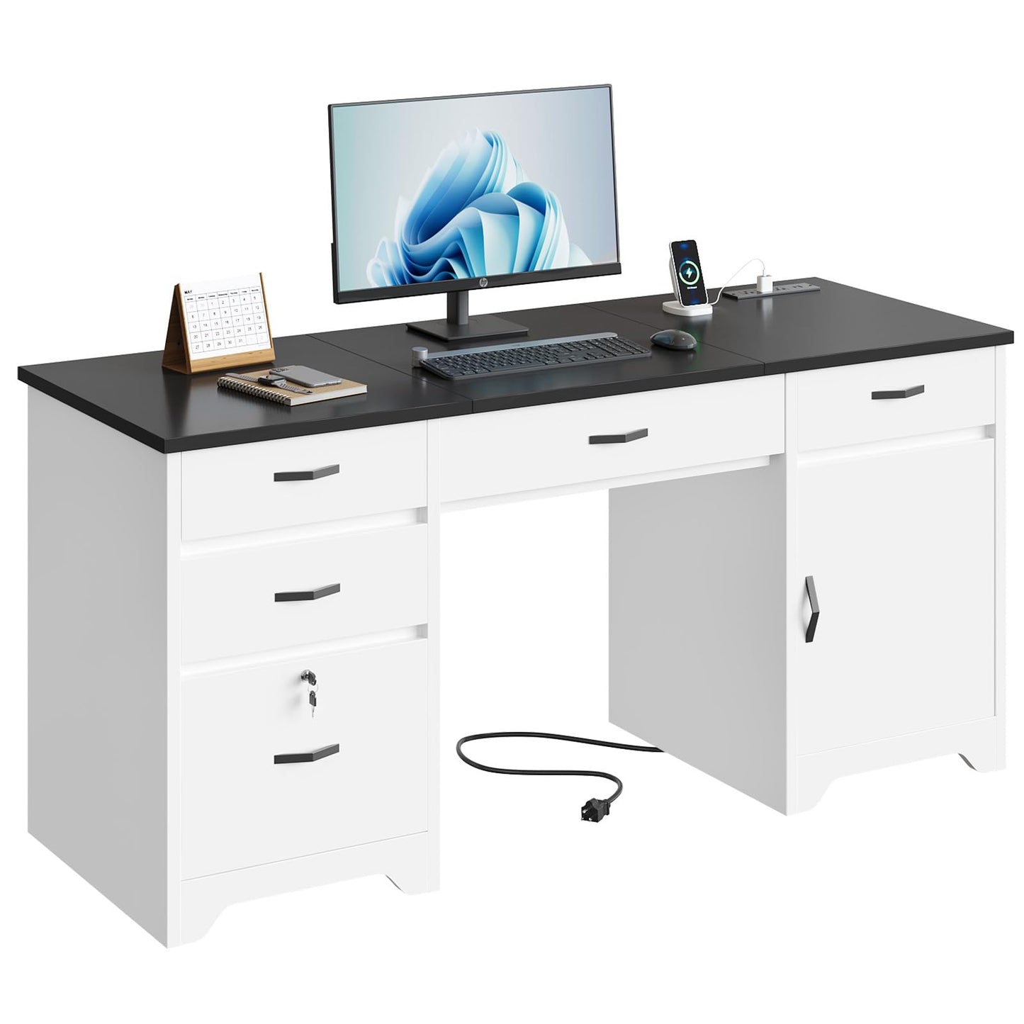 Bestier 59” Office Desk with Lockable Drawers, Modern Computer Desk with File Drawer, Charging Station & Drop-Front Keyboard Drawer, Executive Desk with Storage Cabinet for Home Office & Studio, White