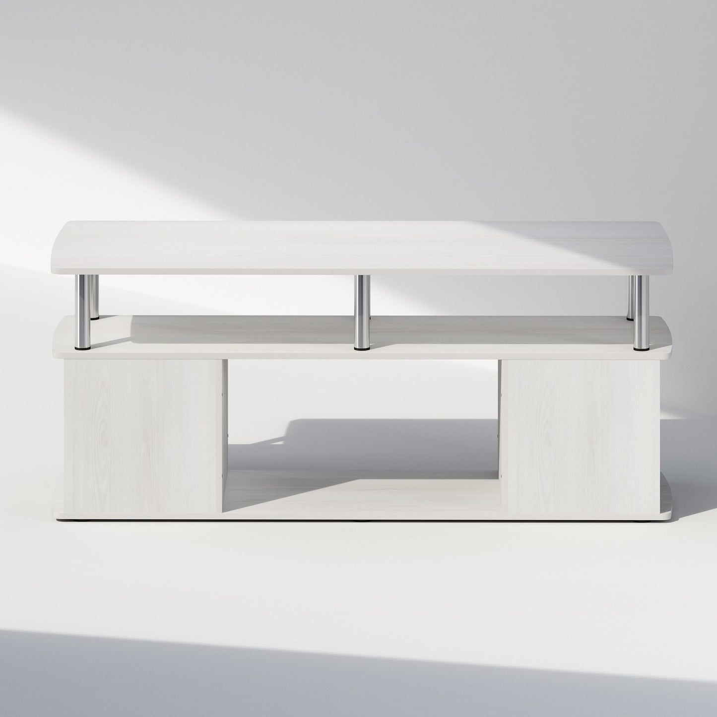 Furinno JAYA TV Stand, 3-Tier Entertainment Center with Open Shelf, TV Console for TV up to 50 Inch with Side Open Storage Compartments, for Living Room, Bedroom, White Oak/Stainless Steel Tubes