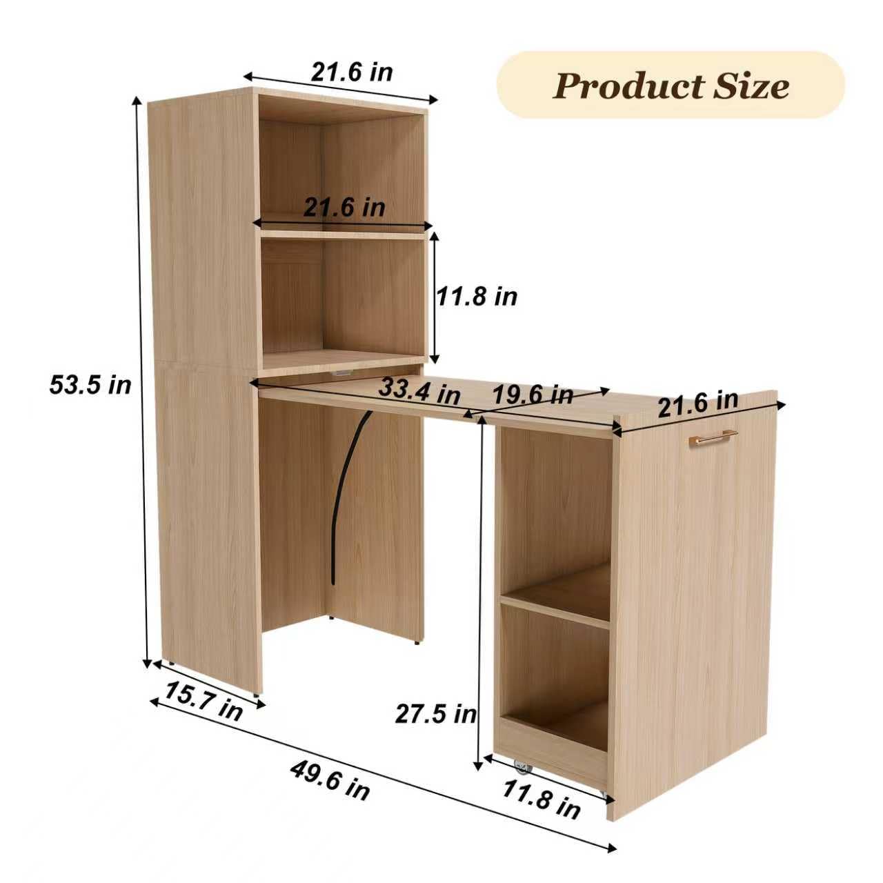 Stretchable Desk, Office Desk with Storage Shelves and Mobile Wheels, Foldable Desk Suitable for Small Apartments and Offices, White (Natural Wood)