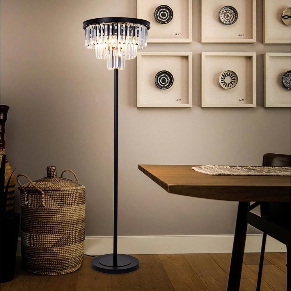 Wellmet Modern Crystal Floor Lamp, Black Tall Standing Living Room Lamp