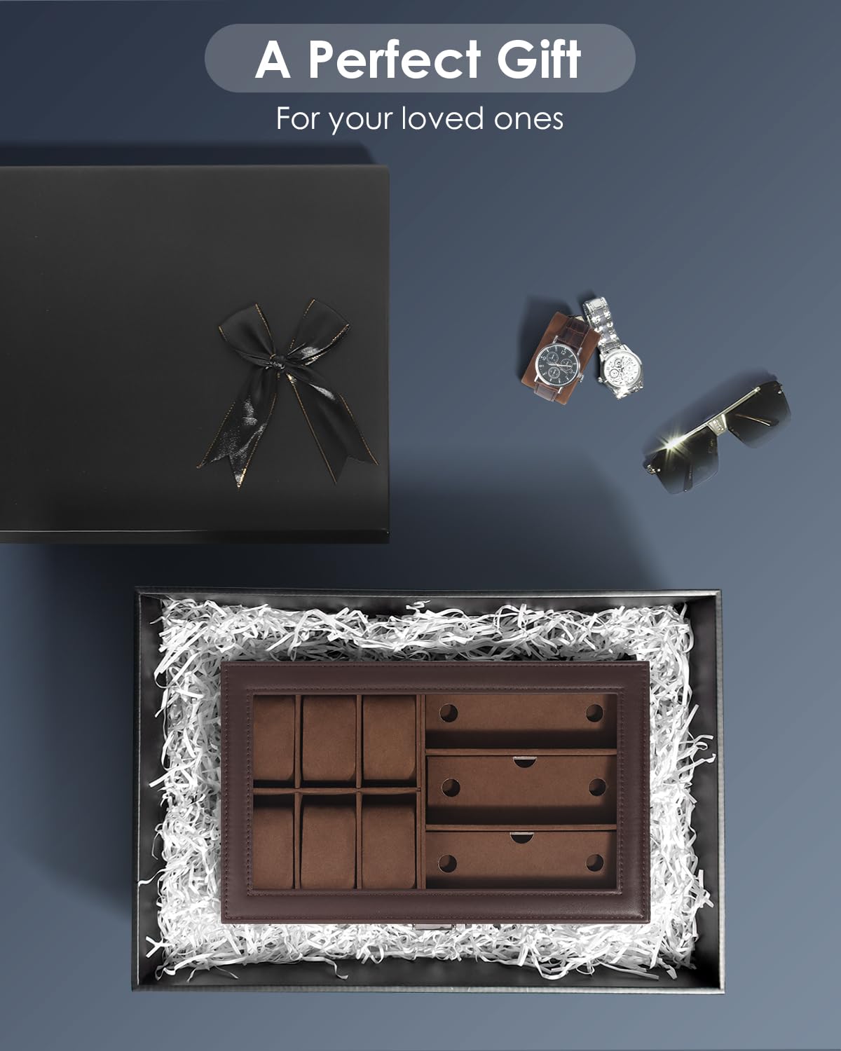 Kukikan Watch Jewelry Box Organizer, 6-Slot 2-Layer Watch Case and Sunglasses Storage with Large Glass Lid, Men's Jewelry Box with Lock, Watch Holder Display Case, Fathers Day Gift for Dad