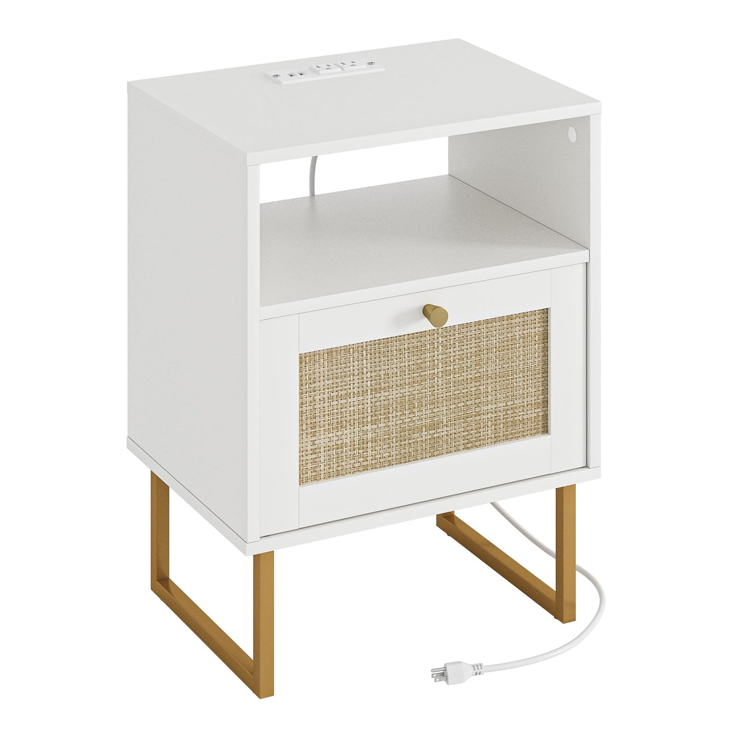 Masupu Rattan Nightstand with Charging Station,Modern Boho Farmhouse Wood Bedside Table with Storage Drawer and Open Shelf,Small Gold Frame Side End Table for Bedroom,Living Room,Office White