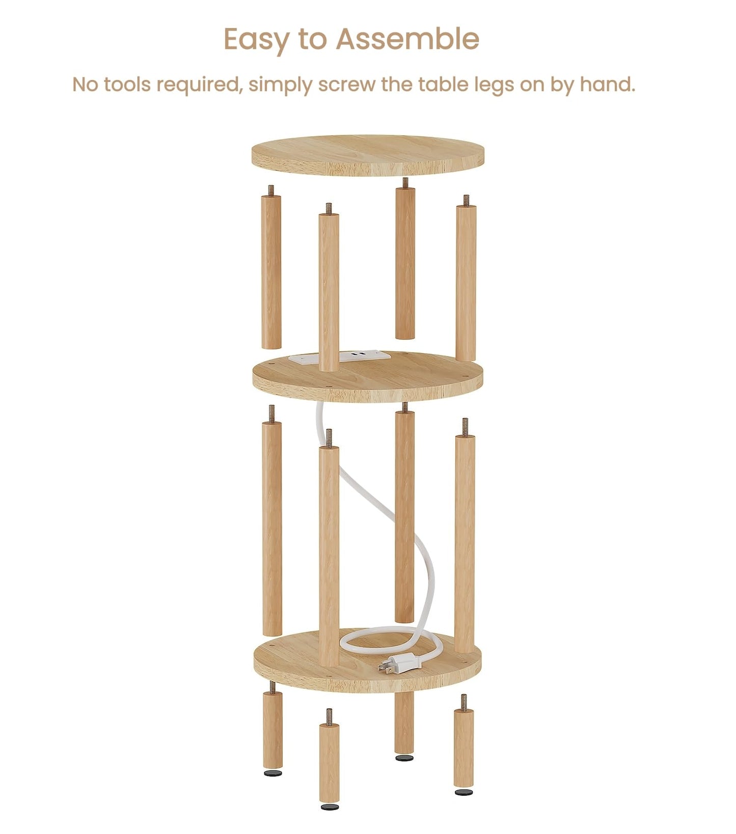 LUCKNOCK Small Round Side Table with Charging Station, 3-Tier Solid Wood End Table, Narrow Compact Sofa Bedside Table for Small Spaces, Easy Assembly for Living Room, Bedroom, Apartment (Natural)