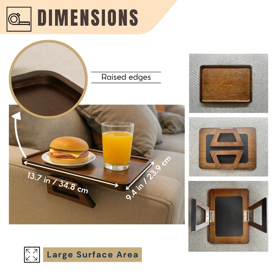 KANDOHAUS Sofa Table Tray - Bamboo Couch Armrest Table Universal Fit - Sofa Table With Non-Slip Pads to Keep Things in Place -13 x 9.5 Inch – Armrest tray table for couch – (Brown)