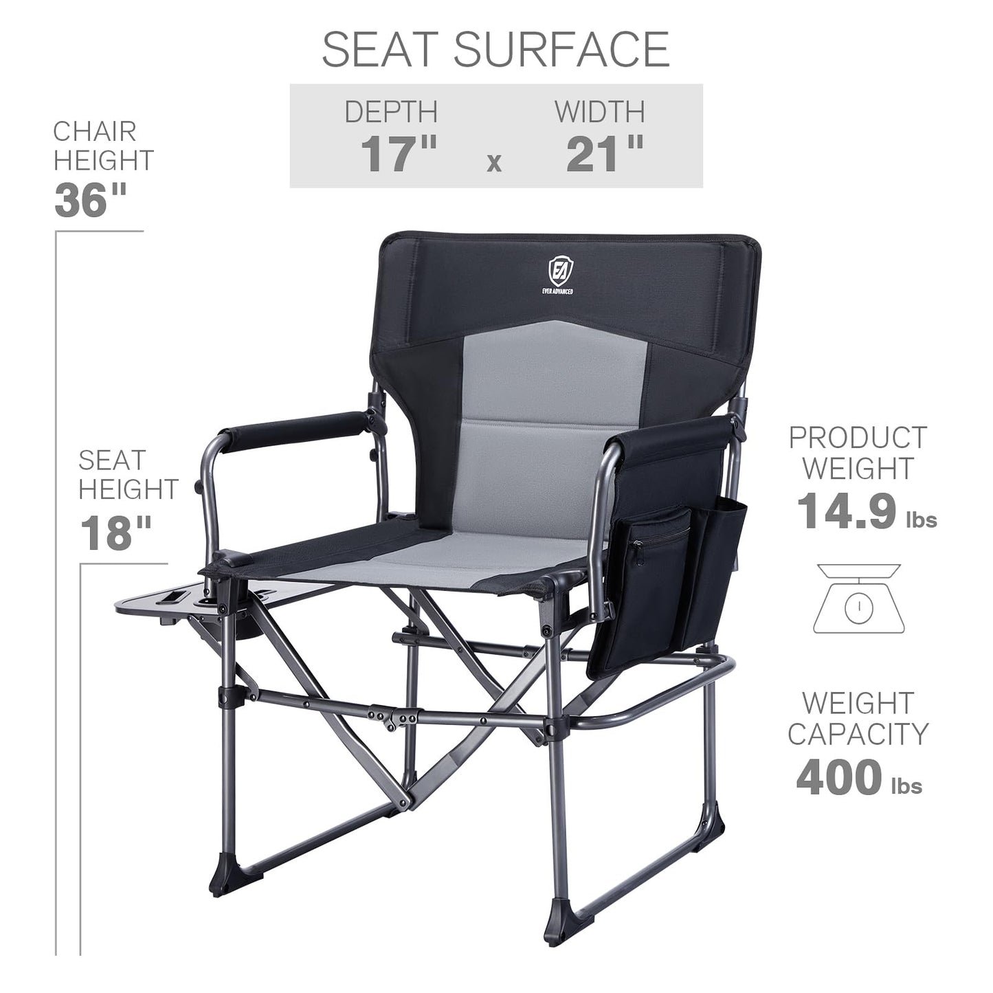 EVER ADVANCED Camping Directors' Chair with Side Table, Portable Folding with Compact Size, Heavy Duty Lawn Chair with Pocket for Camping, Lawn, Sports and Fishing, 400lbs, Black 2 Pack