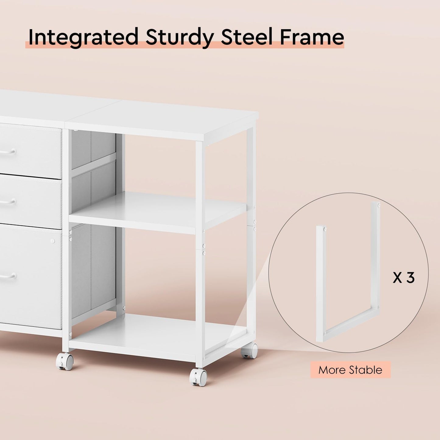 Maihail 3 Drawer File Cabinet with Wheels Rolling Printer Stand with Open Storage Shelf Fabric Lateral Filing Cabinet for Home Office,White