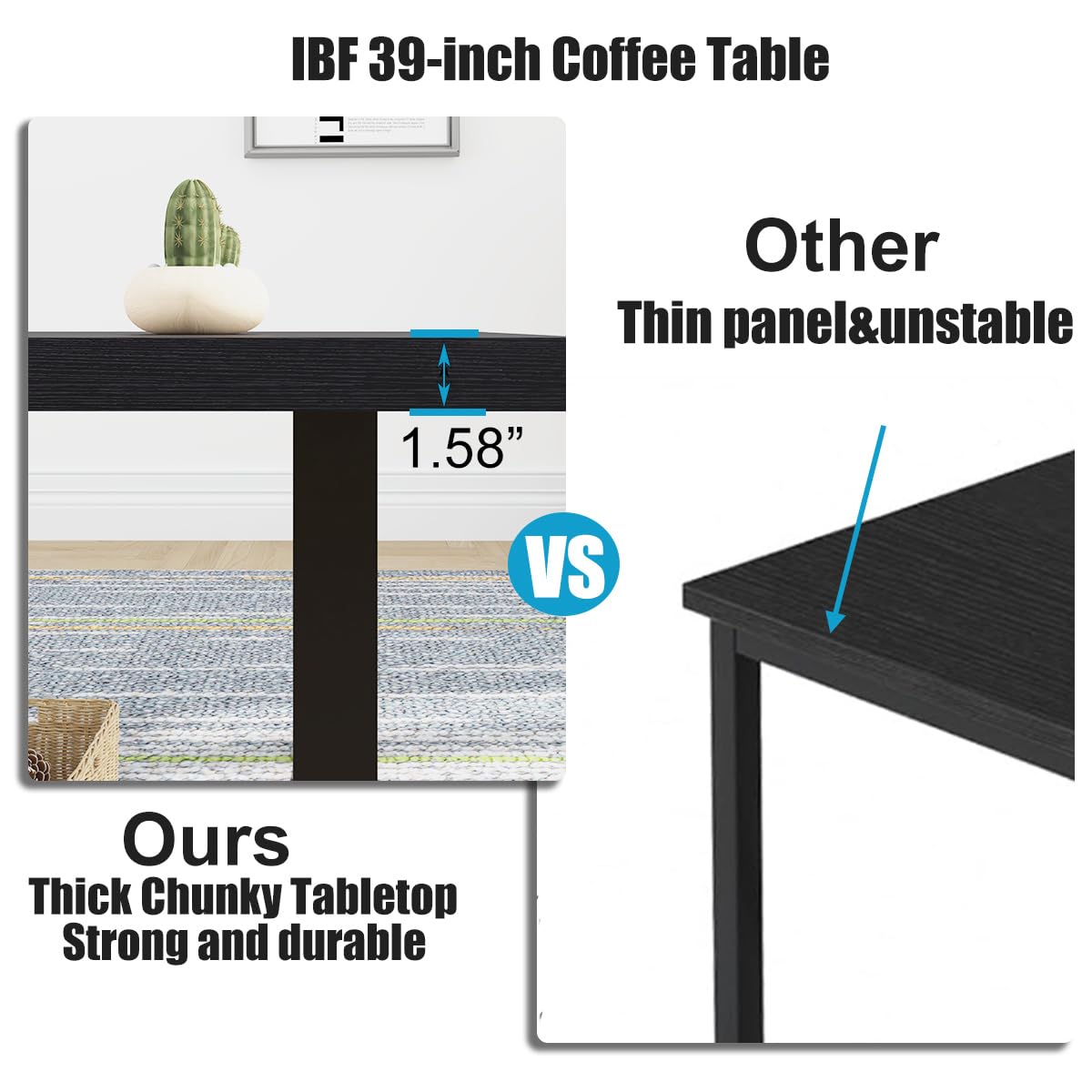 IBF Black Coffee Table, Minimalist Industrial Wooden Center Table, Modern Simple Rectangle Living Room Table, Farmhouse Wood and Metal Cocktail Coffee Table for Home Bedroom Office, Black Oak, 39 inch
