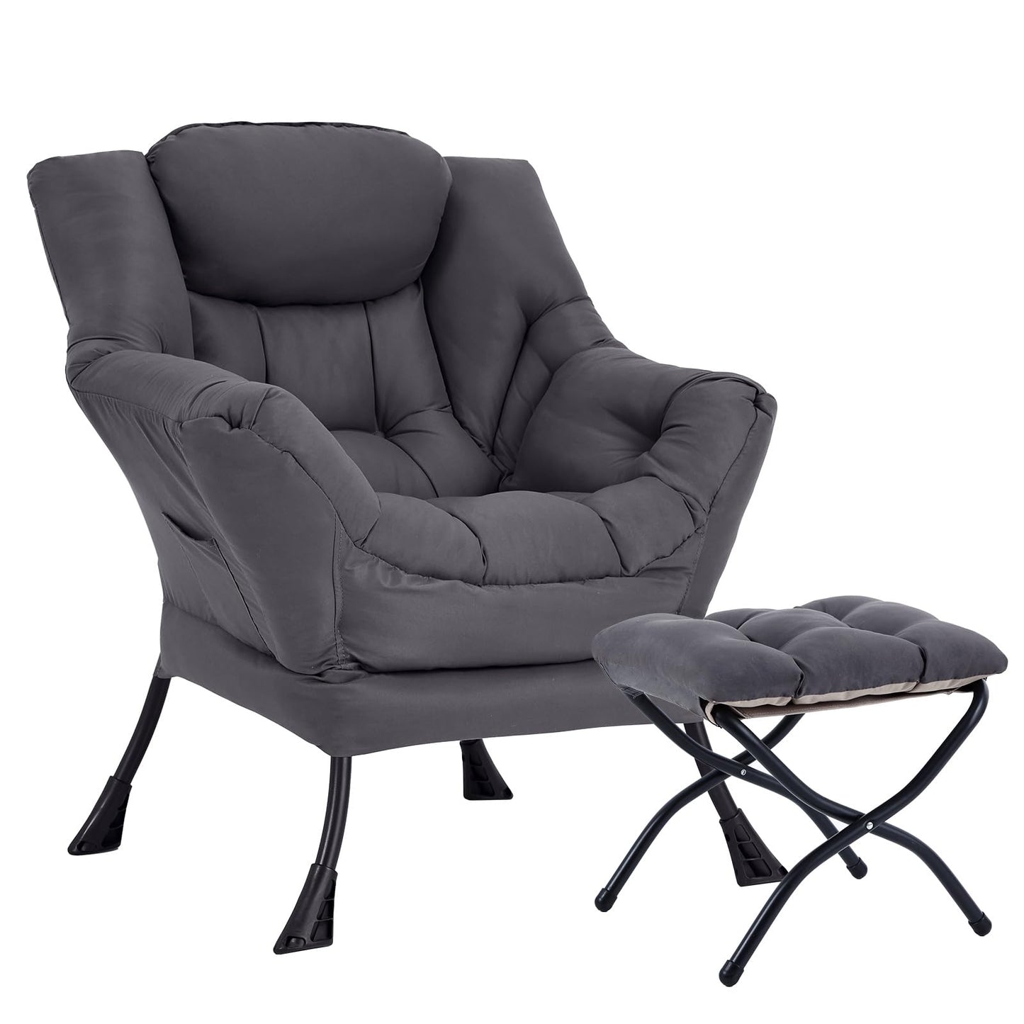 HomEastlly Lazy Chair with Ottoman, Large Dark Grey Accent Chair with Ottoman, Comfy Reading Armchair, Leisure Sofa Chair for Living Room, Bedroom, Dorm Room, Office