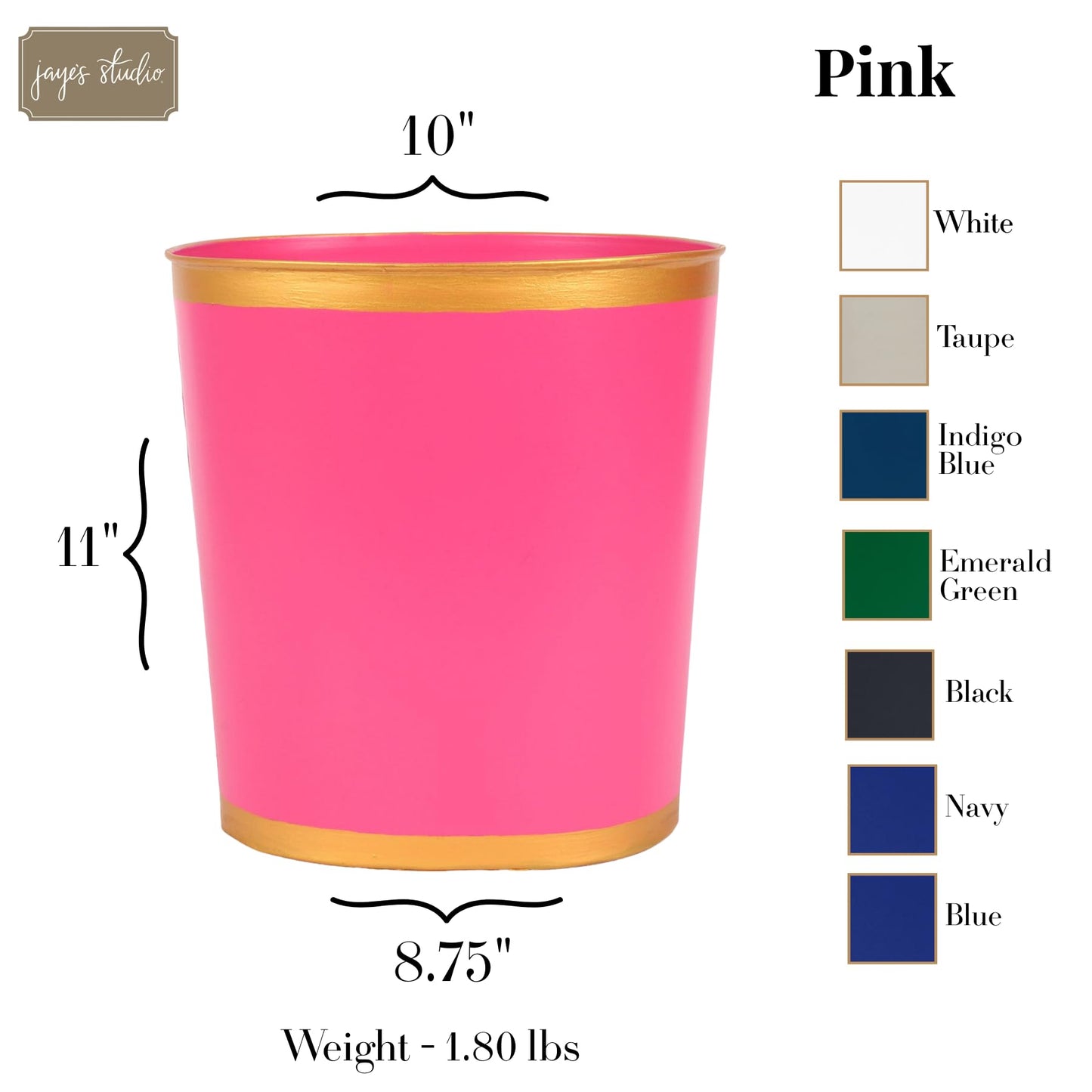 Jaye's Studio Mattie Oval Waste Basket for Bathroom Decorative, Gold Trim & Finish, Hand-Painted, Handcrafted Metal Wastebasket, Garbage Bin & Trash Bin for Bedroom, Office, 12" x 10" x 8" (Pink)