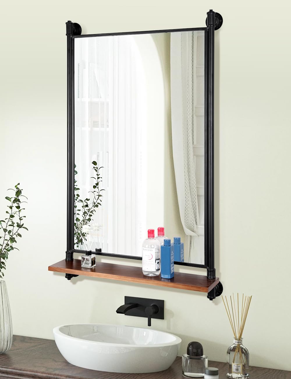 OLDRAINBOW Industrial Pipe Mirror Wood Shelves,Bedroom Mirror with Shelf,Rectangle Iron Wall Mirrors for Living Room Bedroom(34.6 x 23.6 in)