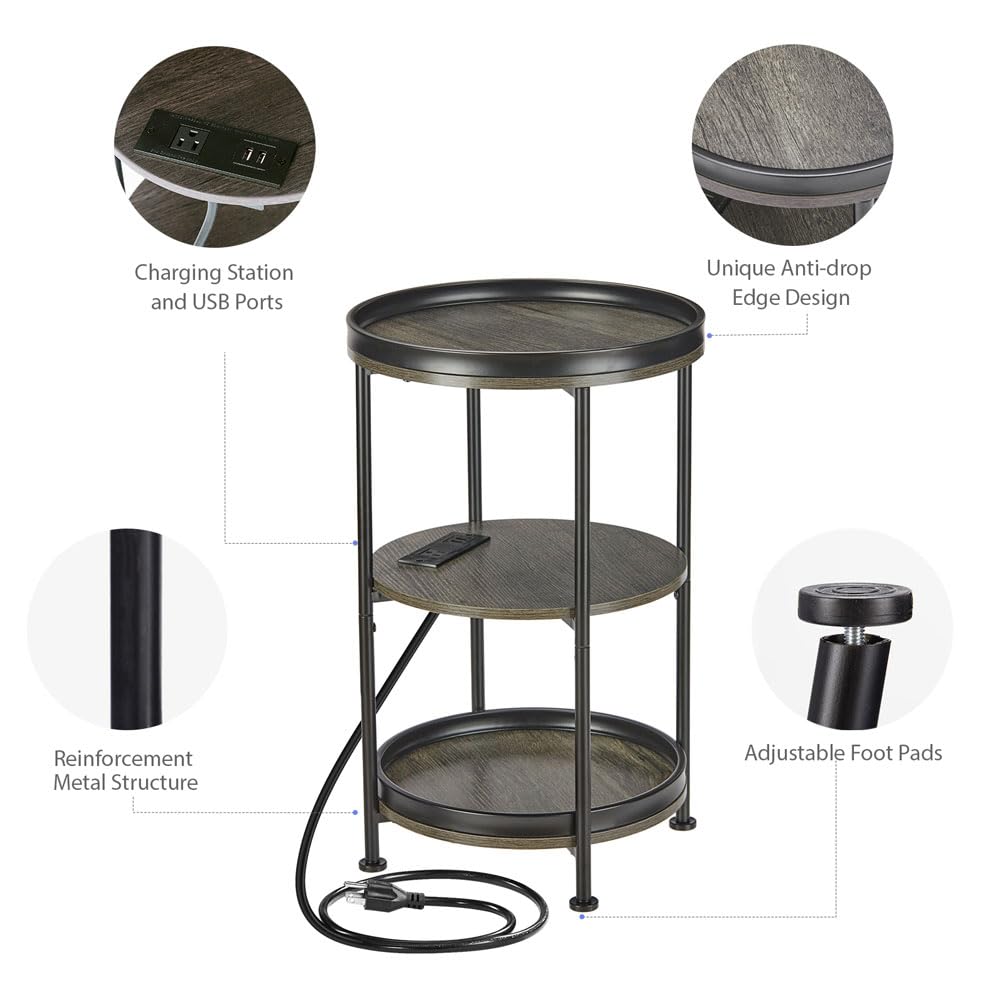 Dulcii Round Side Table with Charging Station, End Table with 3 Shelves for Living Room, Bedroom Nightstand with Steel Frame for Small Spaces, Industrial Round Sofa Table (USB+Grey)