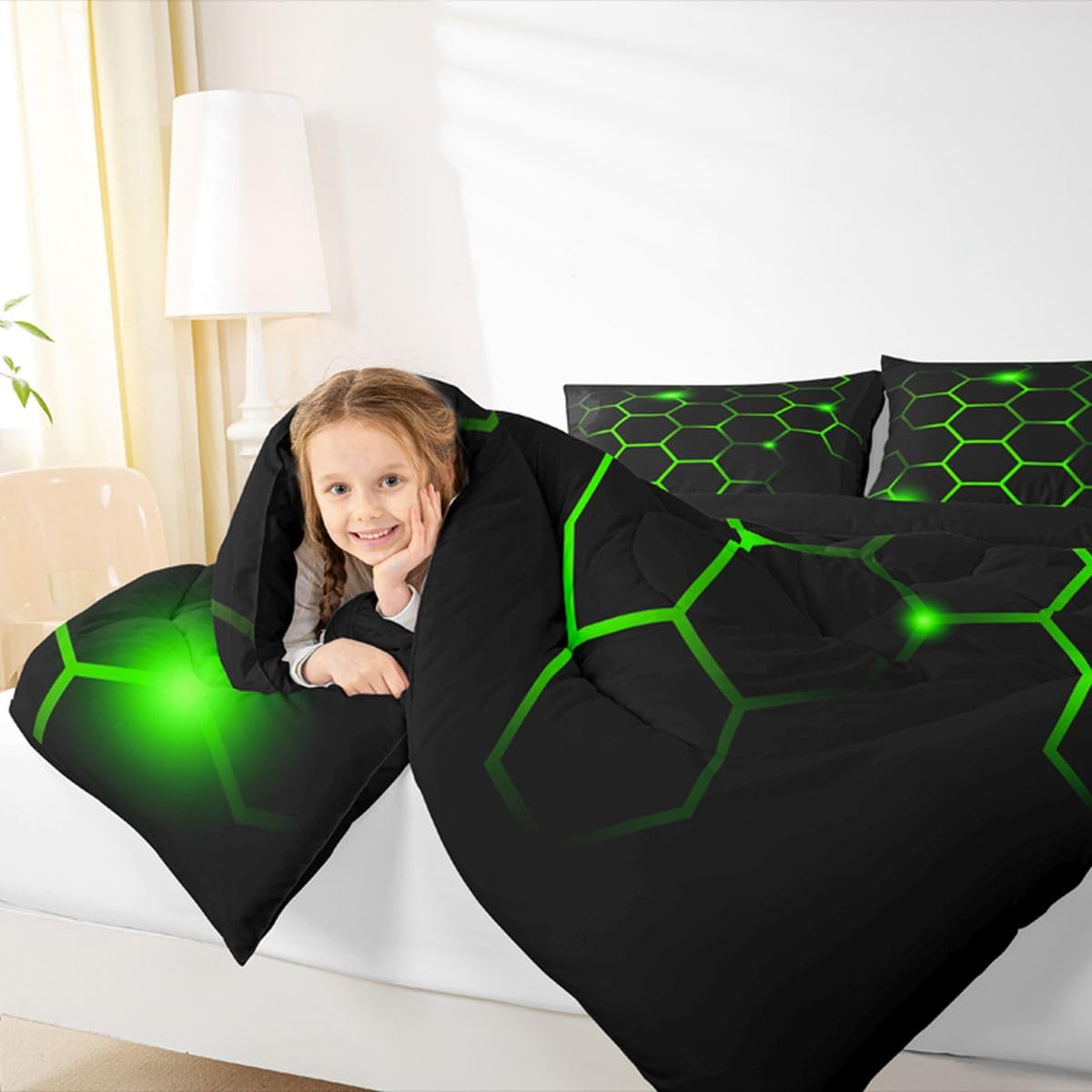 Feelyou Hexagonal Comforter Set Geometric Honeycomb Bedding Set for Kids Adults Neon Green Black Comforter Modern Hexagon Beehive Quilt Set Ultra Soft Room Decor Queen Size Bedroom Collection 3Pcs
