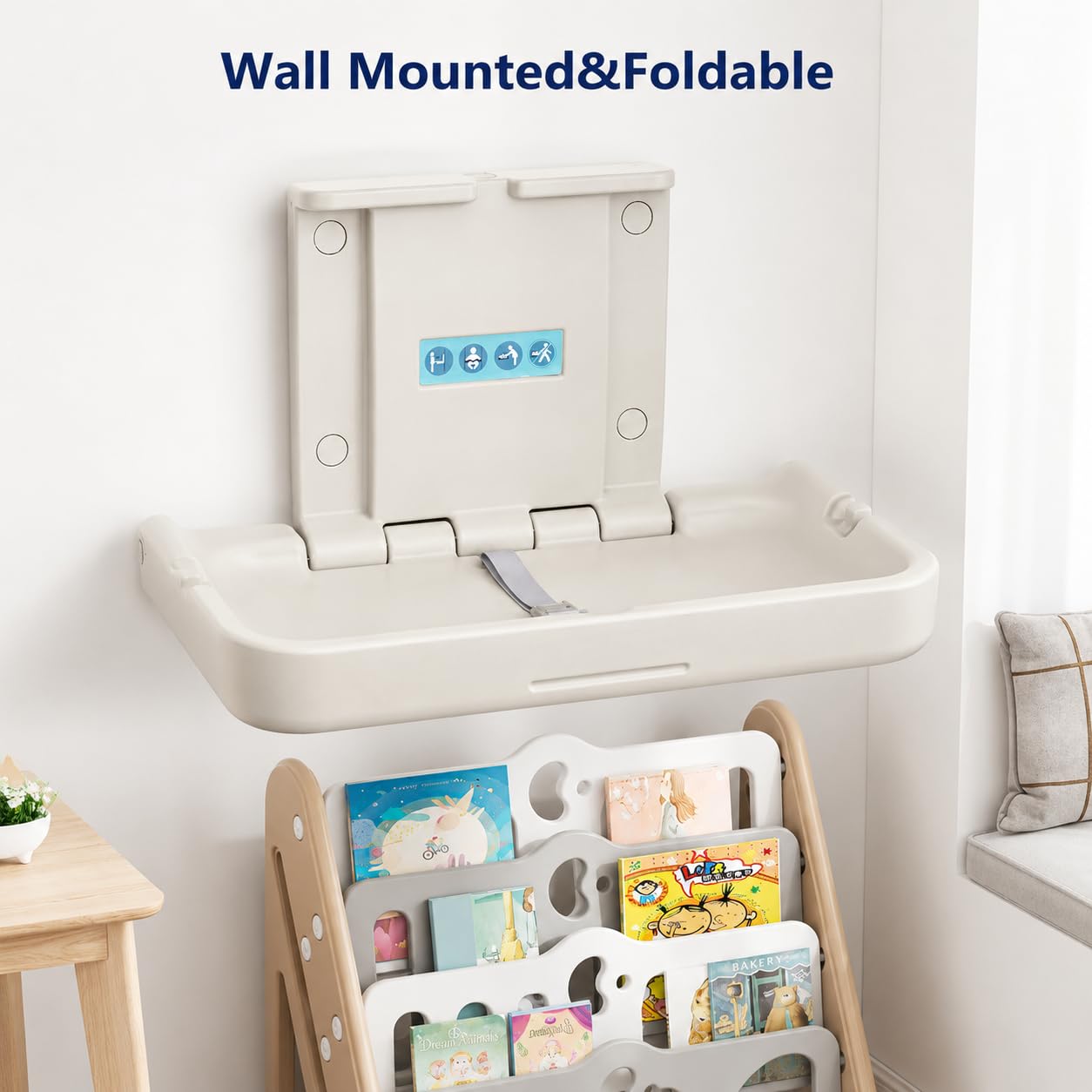 Modundry Wall Mounted Baby Changing Station - Horizontal Baby Changing Table Foldable Diaper Tables with Safety Strap for Commercial Bathroom,White Granite